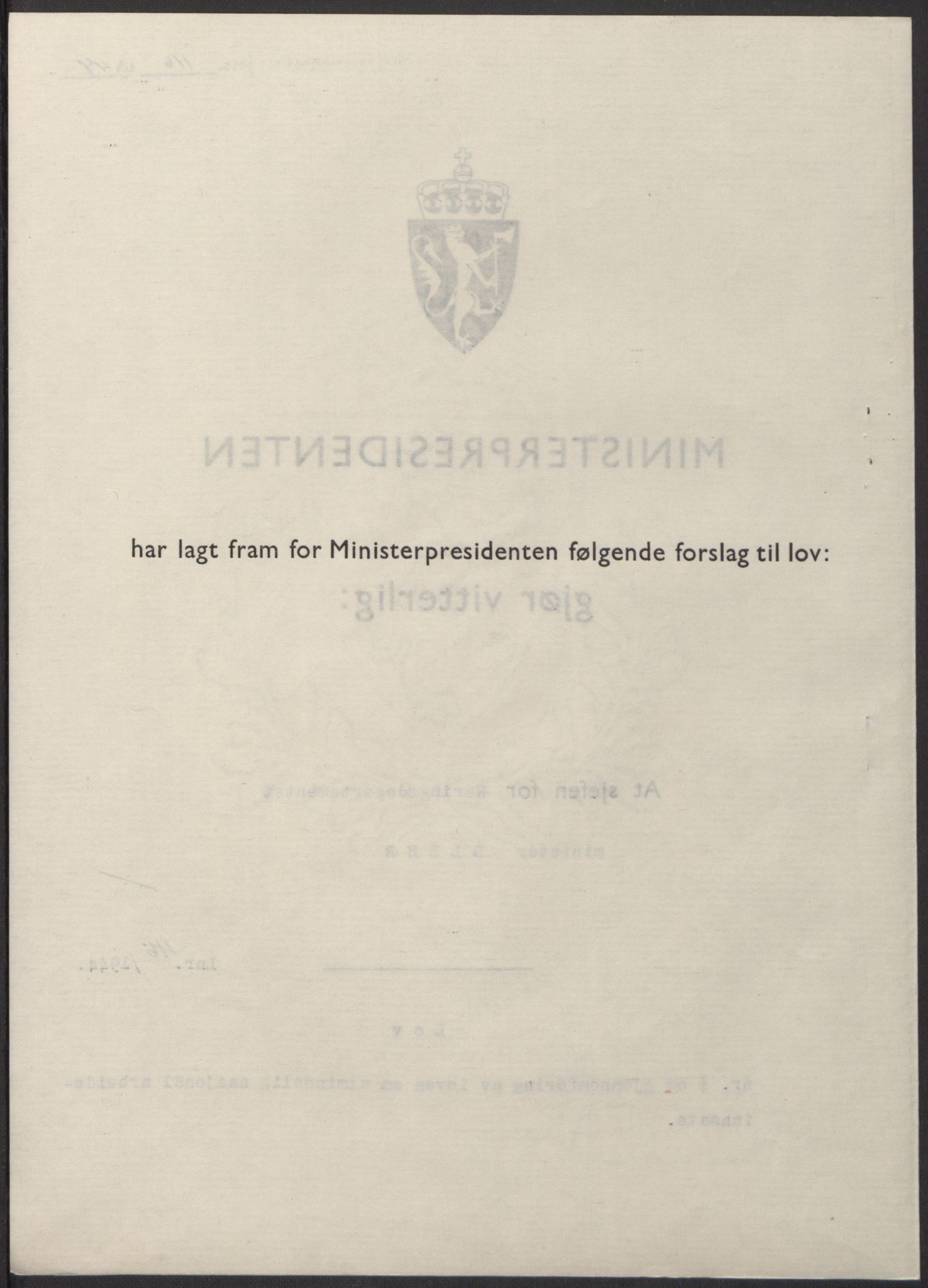 NS-administrasjonen 1940-1945 (Statsrådsekretariatet, de kommisariske statsråder mm), RA/S-4279/D/Db/L0100: Lover, 1944, s. 218