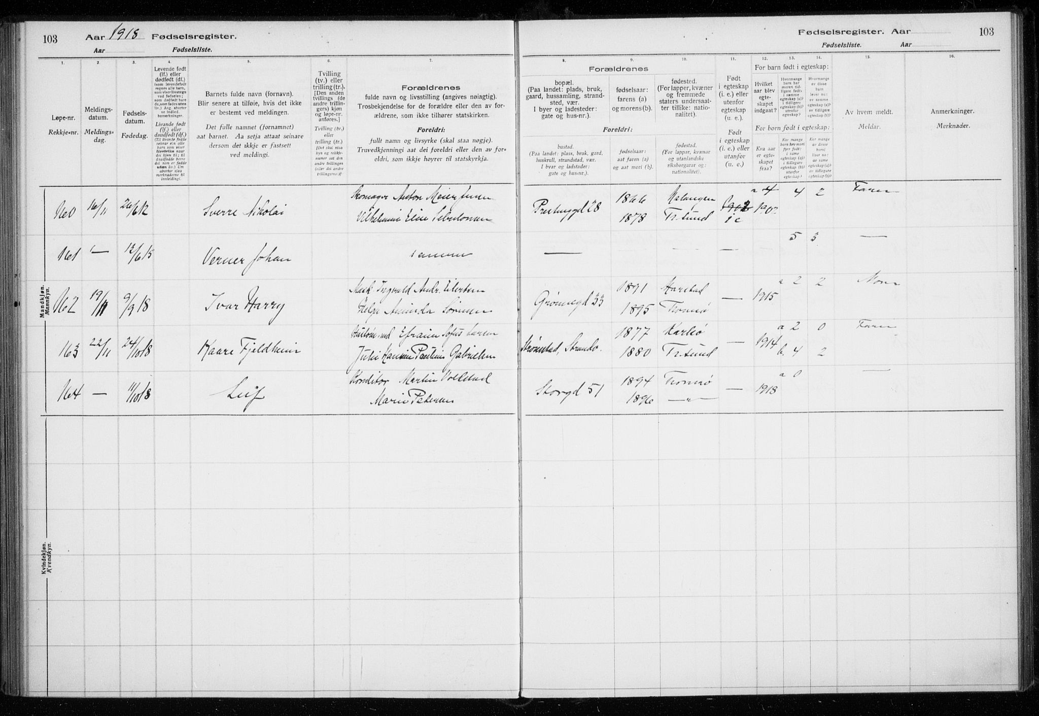 Tromsø sokneprestkontor/stiftsprosti/domprosti, SATØ/S-1343/H/Ha/L0131: Fødselsregister nr. 131, 1916-1921, s. 103