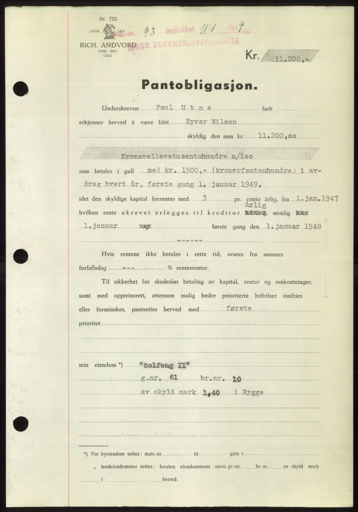 Moss sorenskriveri, SAO/A-10168: Pantebok nr. B21, 1949-1949, Dagboknr: 93/1949