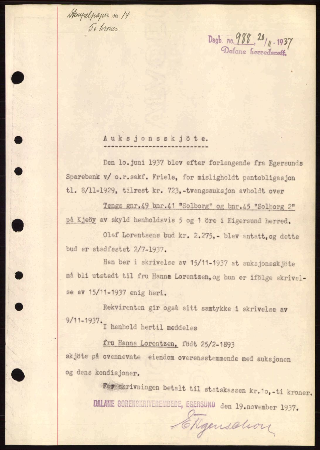 Dalane sorenskriveri, SAST/A-100309/02/G/Gb/L0041: Pantebok nr. A2, 1936-1937, Dagboknr: 988/1937