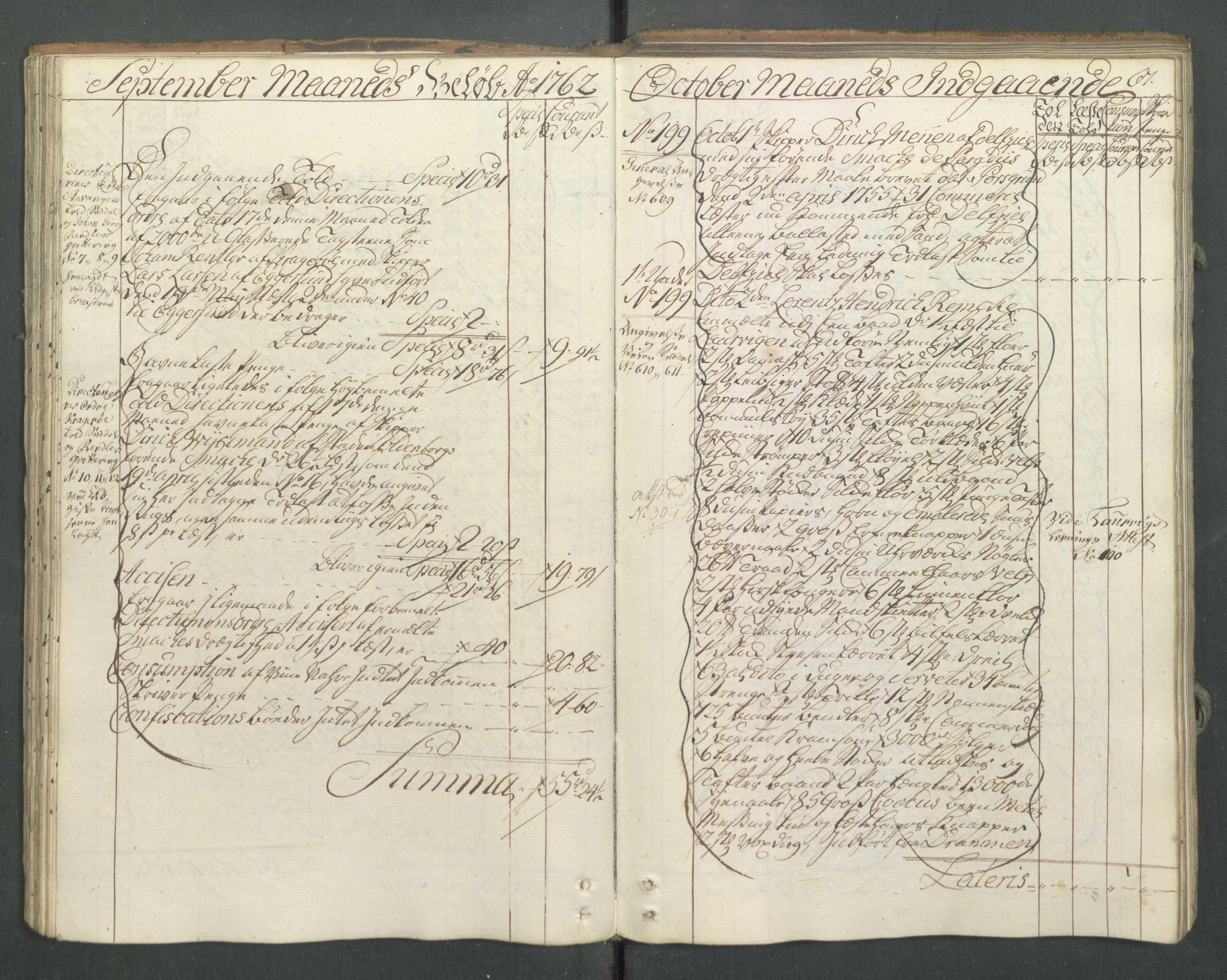 Generaltollkammeret, tollregnskaper, AV/RA-EA-5490/R13/L0032/0001: Tollregnskaper Kragerø / Inngående hovedtollbok, 1762, s. 66b-67a