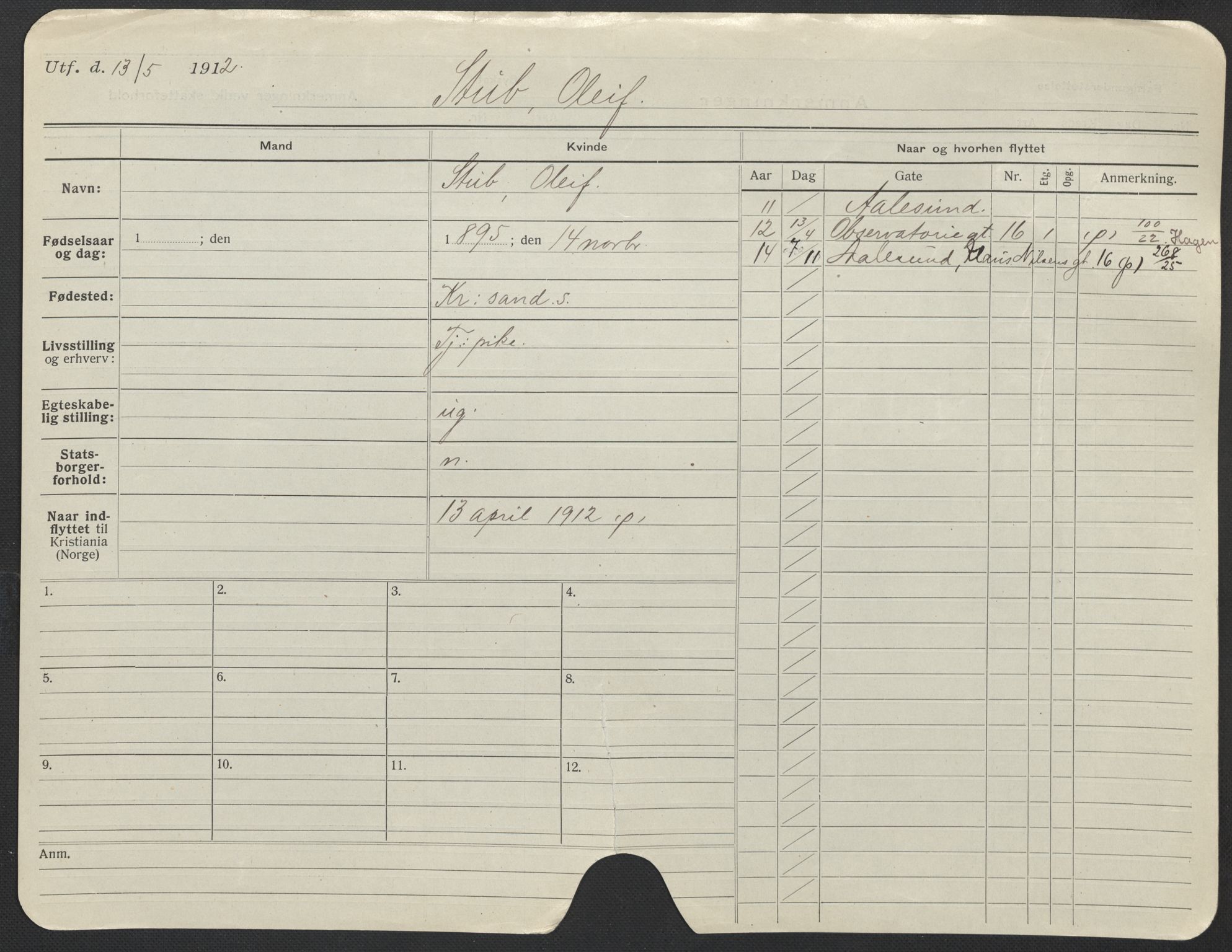 Oslo folkeregister, Registerkort, AV/SAO-A-11715/F/Fa/Fac/L0024: Kvinner, 1906-1914, s. 477a