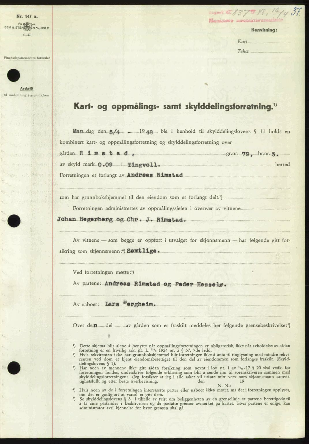 Nordmøre sorenskriveri, SAT/A-4132/1/2/2Ca: Pantebok nr. A108, 1948-1948, Dagboknr: 837/1948