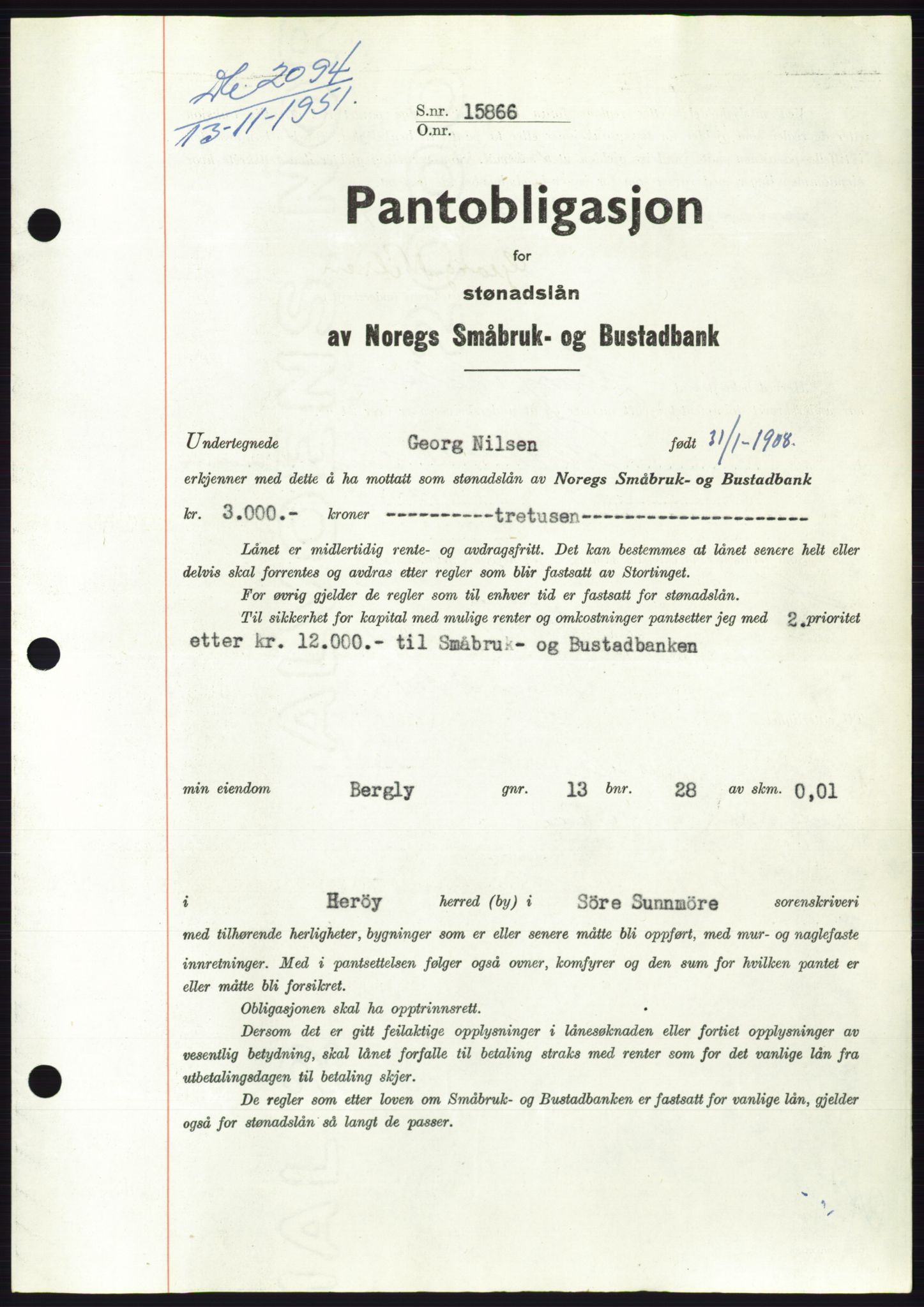 Søre Sunnmøre sorenskriveri, SAT/A-4122/1/2/2C/L0120: Pantebok nr. 8B, 1951-1951, Dagboknr: 2094/1951