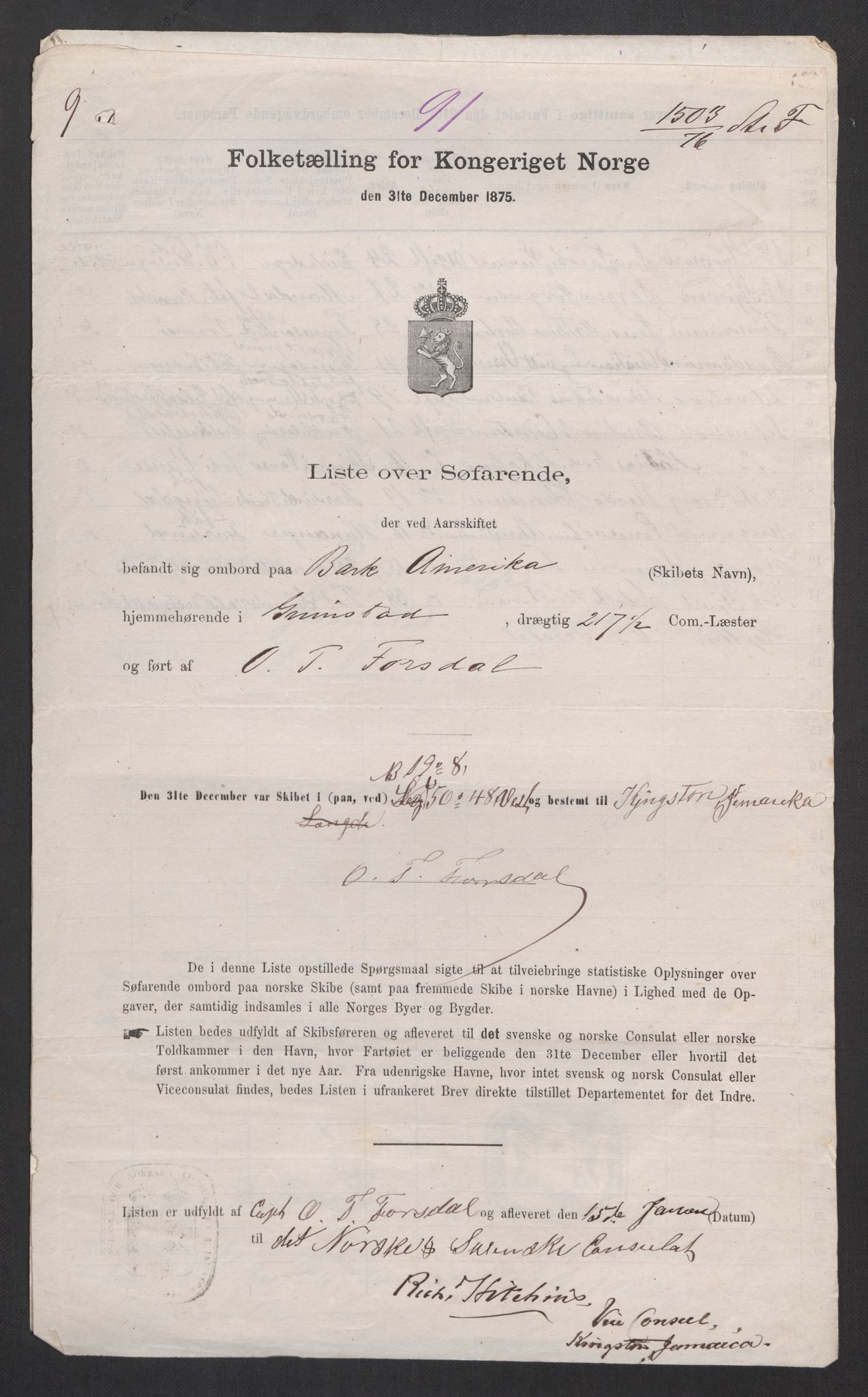 RA, Folketelling 1875, skipslister: Skip i utenrikske havner, hjemmehørende i 1) byer og ladesteder, Grimstad - Tromsø, 2) landdistrikter, 1875, s. 182