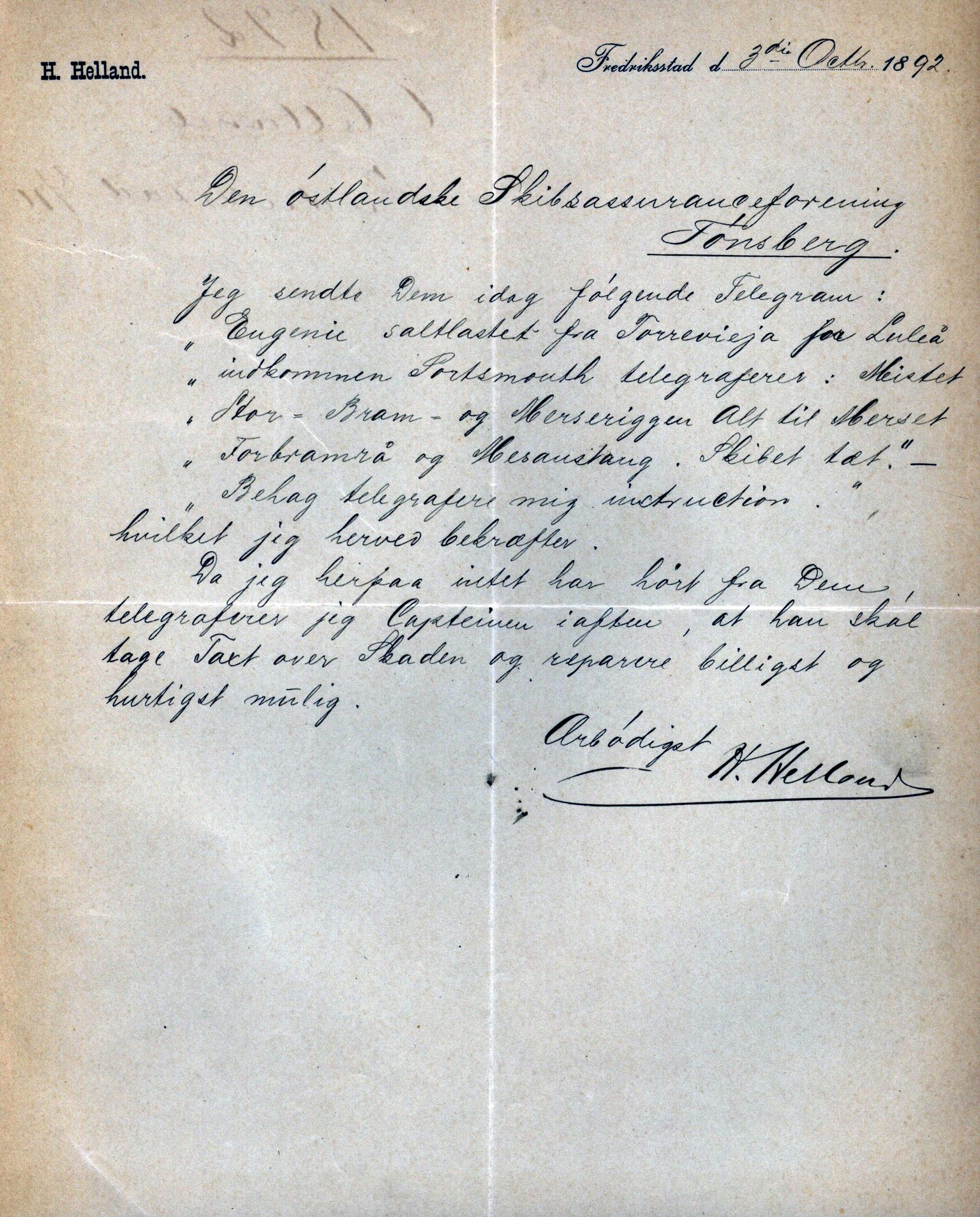 Pa 63 - Østlandske skibsassuranceforening, VEMU/A-1079/G/Ga/L0029/0006: Havaridokumenter / Alart, Aleyon, Agra, Dagmar, Minerva, Eugine, 1892