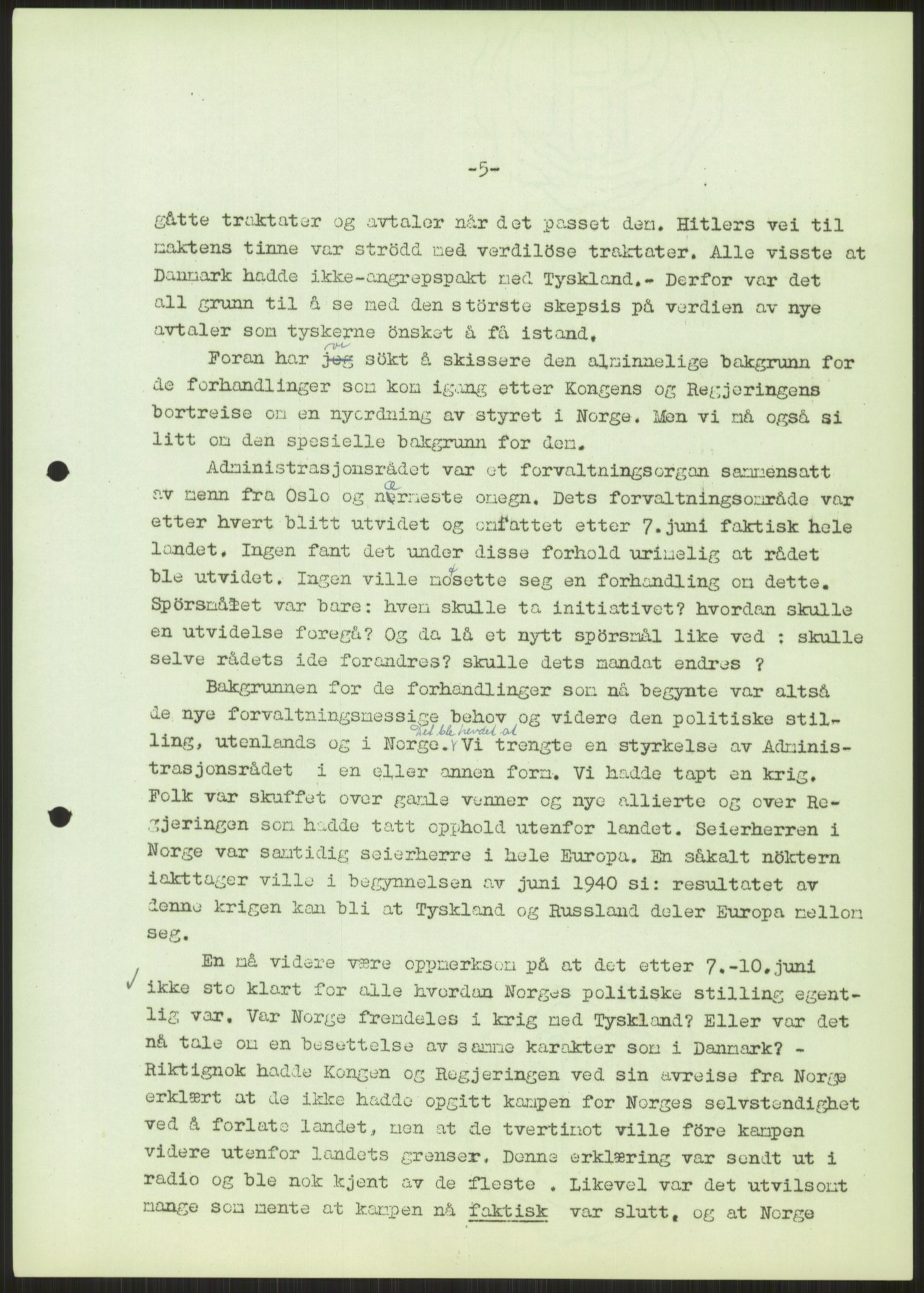 Undersøkelseskommisjonen av 1945, AV/RA-S-1566/D/Db/L0023: Regjeringskonferanse - Riksrådsforhandlingene, 1945-1947, s. 275