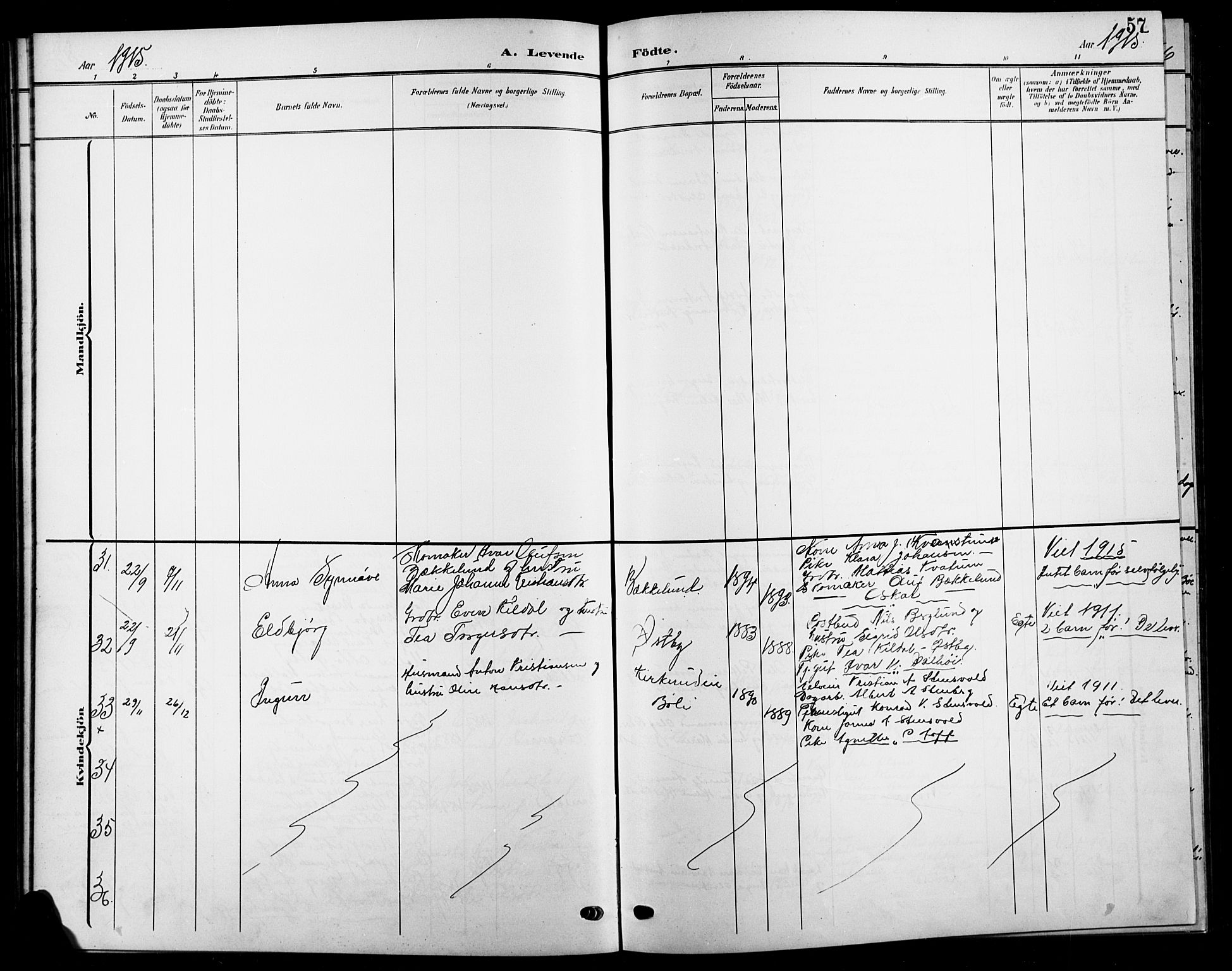 Biri prestekontor, SAH/PREST-096/H/Ha/Hab/L0005: Klokkerbok nr. 5, 1906-1919, s. 57