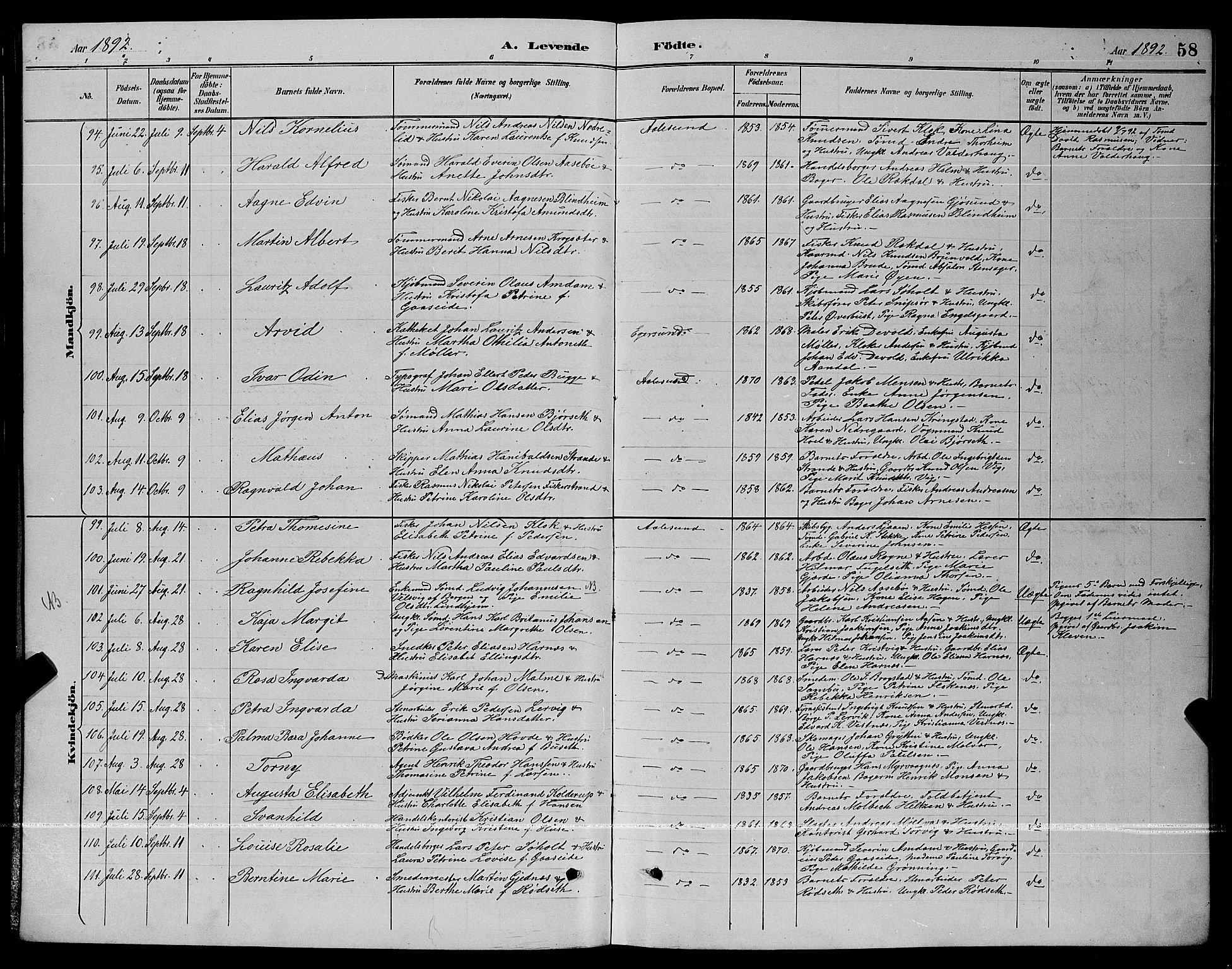 Ministerialprotokoller, klokkerbøker og fødselsregistre - Møre og Romsdal, AV/SAT-A-1454/529/L0467: Klokkerbok nr. 529C04, 1889-1897, s. 58