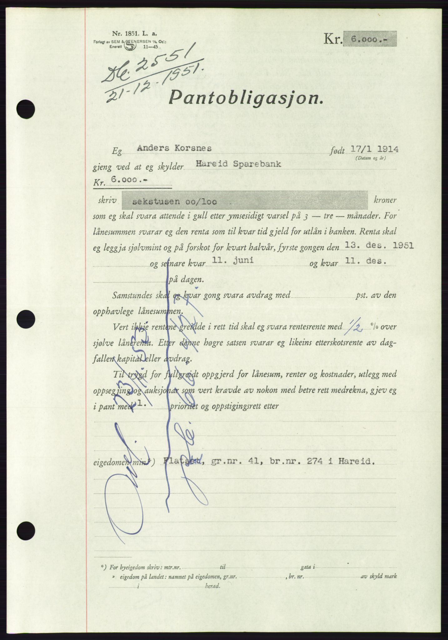 Søre Sunnmøre sorenskriveri, AV/SAT-A-4122/1/2/2C/L0121: Pantebok nr. 9B, 1951-1952, Dagboknr: 2551/1951