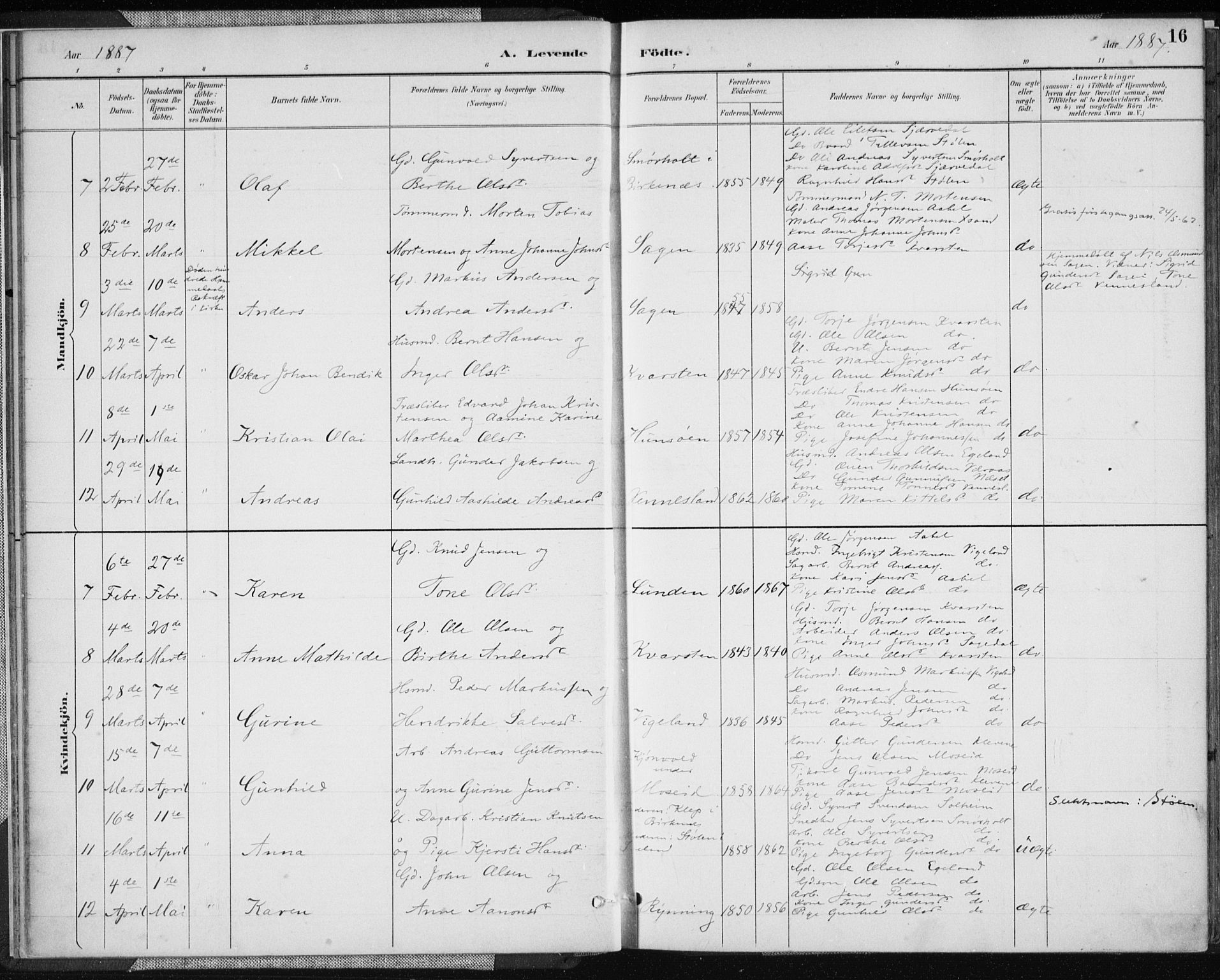 Vennesla sokneprestkontor, AV/SAK-1111-0045/Fa/Fab/L0004: Ministerialbok nr. A 4, 1884-1896, s. 16