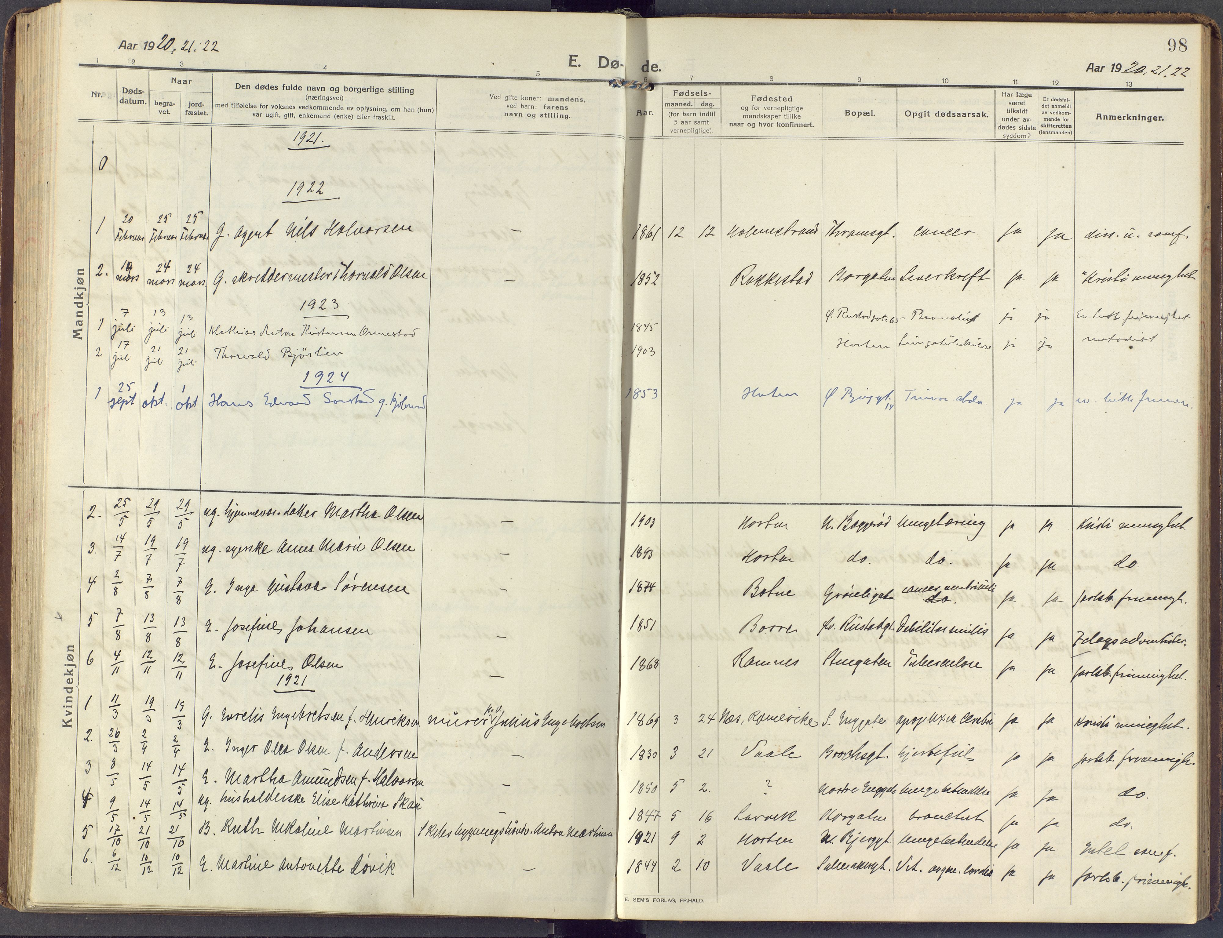 Horten kirkebøker, AV/SAKO-A-348/F/Fa/L0007: Ministerialbok nr. 7, 1913-1926, s. 98