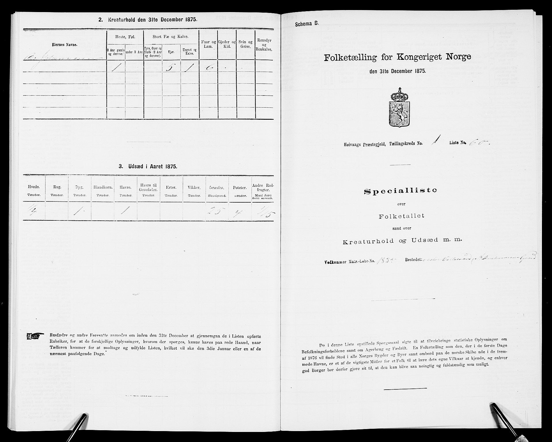 SAK, Folketelling 1875 for 0927P Høvåg prestegjeld, 1875, s. 161