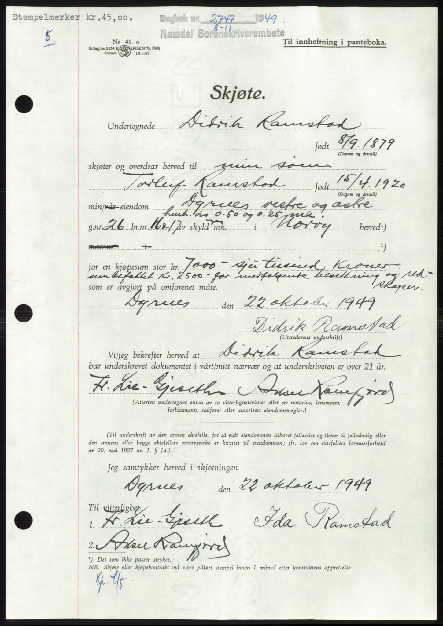Namdal sorenskriveri, SAT/A-4133/1/2/2C: Pantebok nr. -, 1949-1949, Dagboknr: 2747/1949