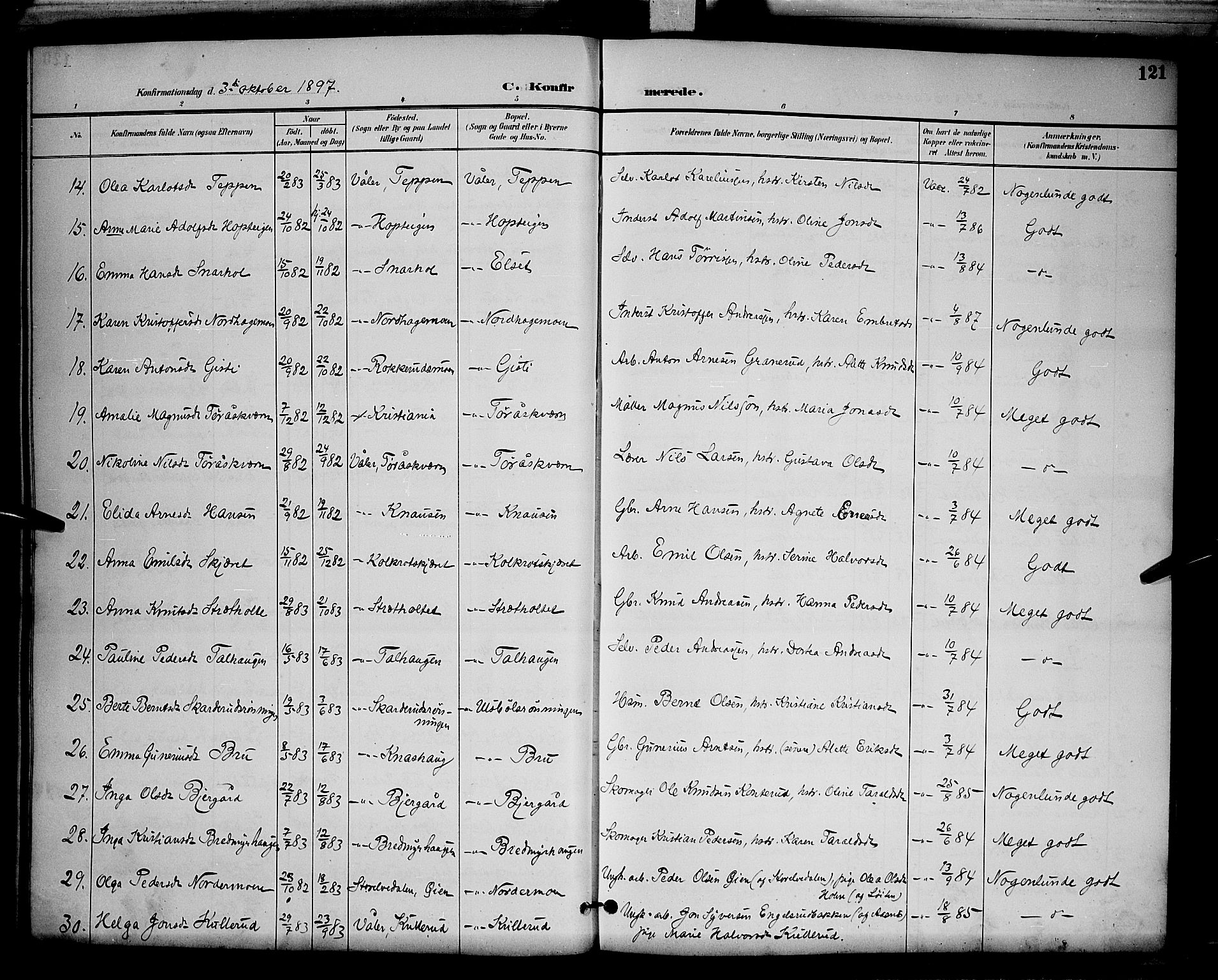 Våler prestekontor, Hedmark, AV/SAH-PREST-040/H/Ha/Hab/L0001: Klokkerbok nr. 1, 1894-1904, s. 121