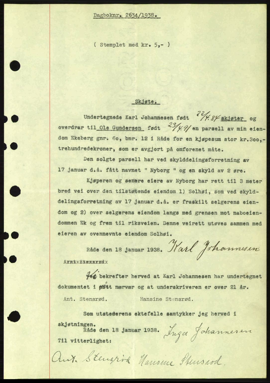 Moss sorenskriveri, SAO/A-10168: Pantebok nr. A5, 1938-1939, Dagboknr: 2634/1938