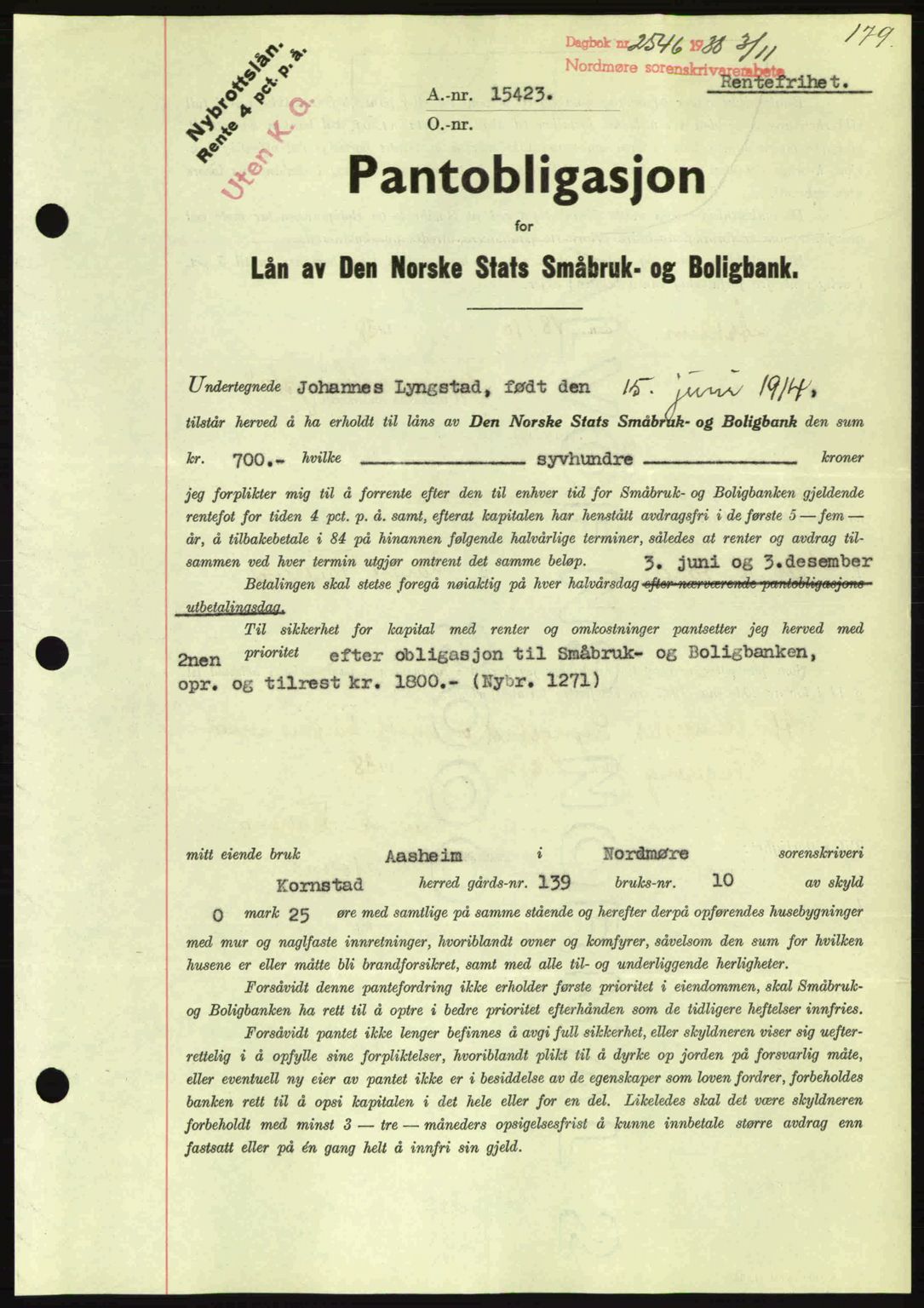 Nordmøre sorenskriveri, AV/SAT-A-4132/1/2/2Ca: Pantebok nr. B84, 1938-1939, Dagboknr: 2546/1938