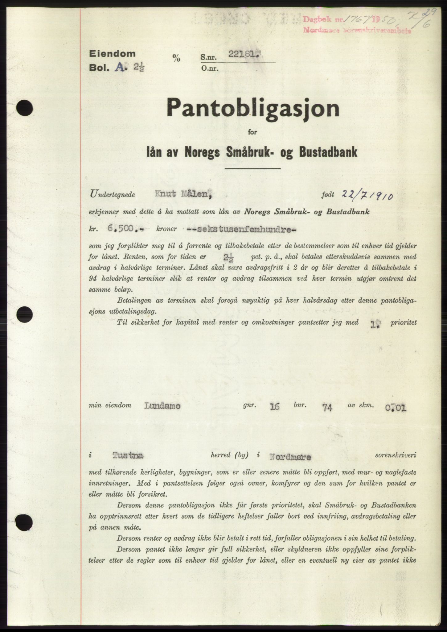 Nordmøre sorenskriveri, AV/SAT-A-4132/1/2/2Ca: Pantebok nr. B105, 1950-1950, Dagboknr: 1767/1950