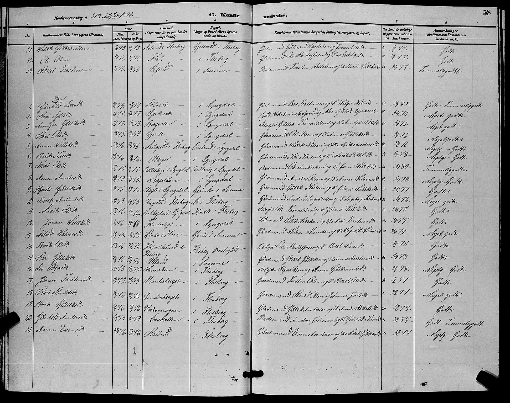 Flesberg kirkebøker, AV/SAKO-A-18/G/Ga/L0004: Klokkerbok nr. I 4 /1, 1890-1898, s. 58