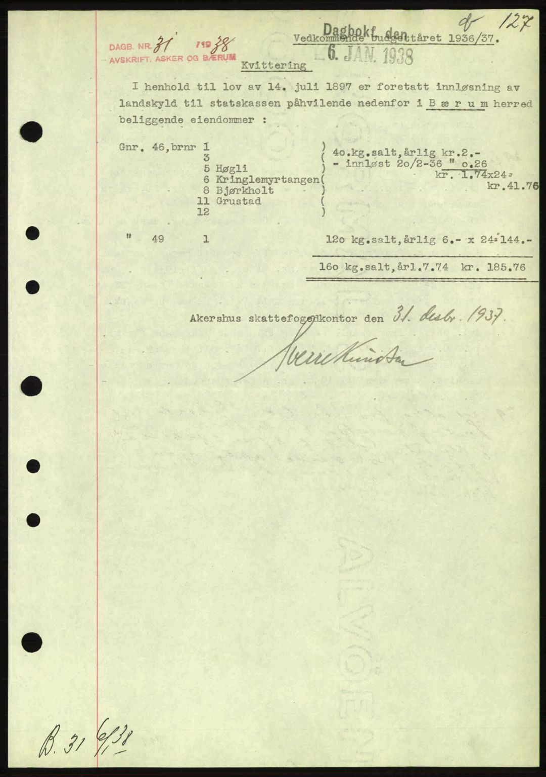 Aker herredsskriveri, AV/SAO-A-10896/G/Gb/Gbb/Gbbc/L0003: Pantebok nr. B56-57, 1937-1938, Dagboknr: 31/1938