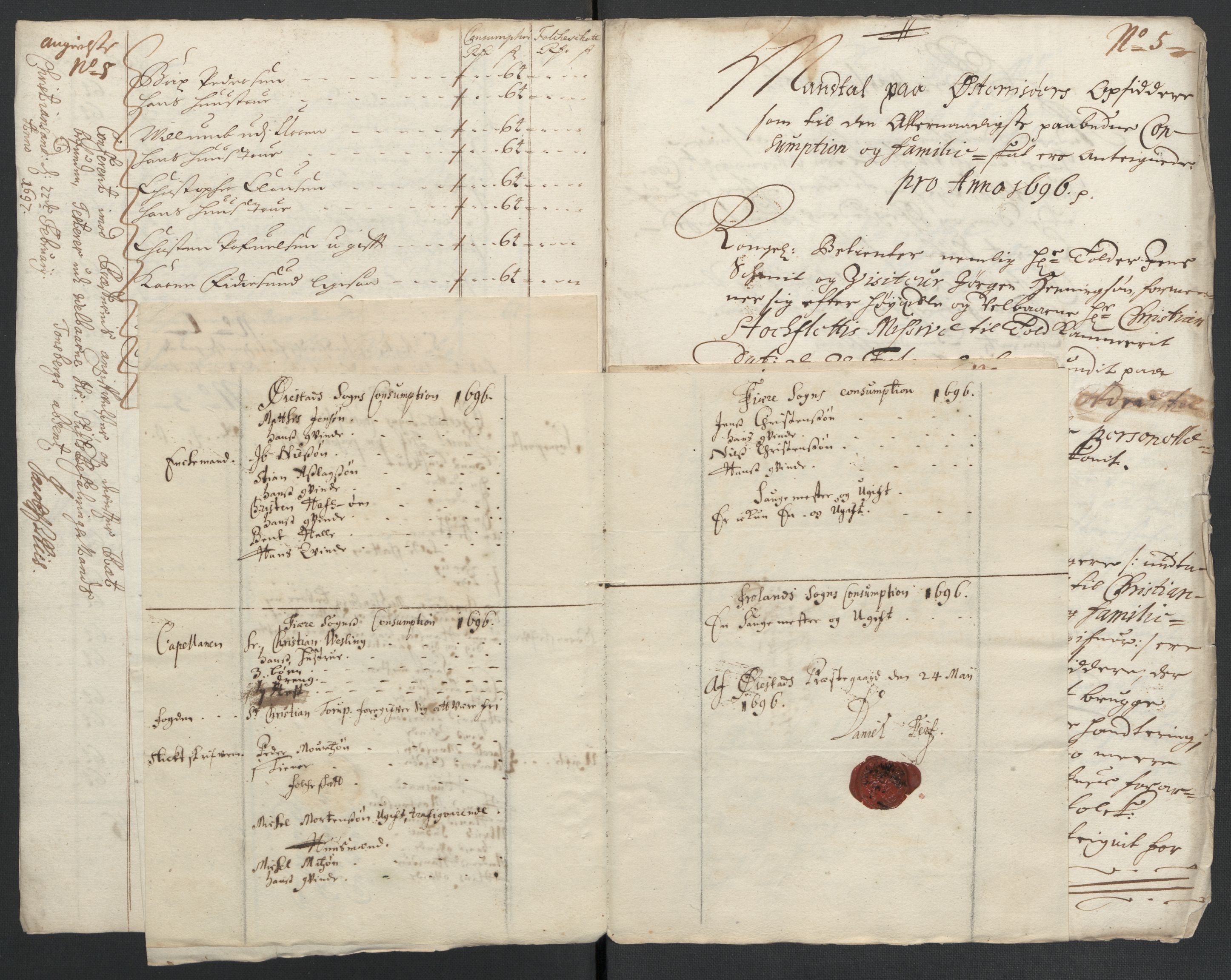 Rentekammeret inntil 1814, Reviderte regnskaper, Fogderegnskap, AV/RA-EA-4092/R39/L2313: Fogderegnskap Nedenes, 1696-1697, s. 56