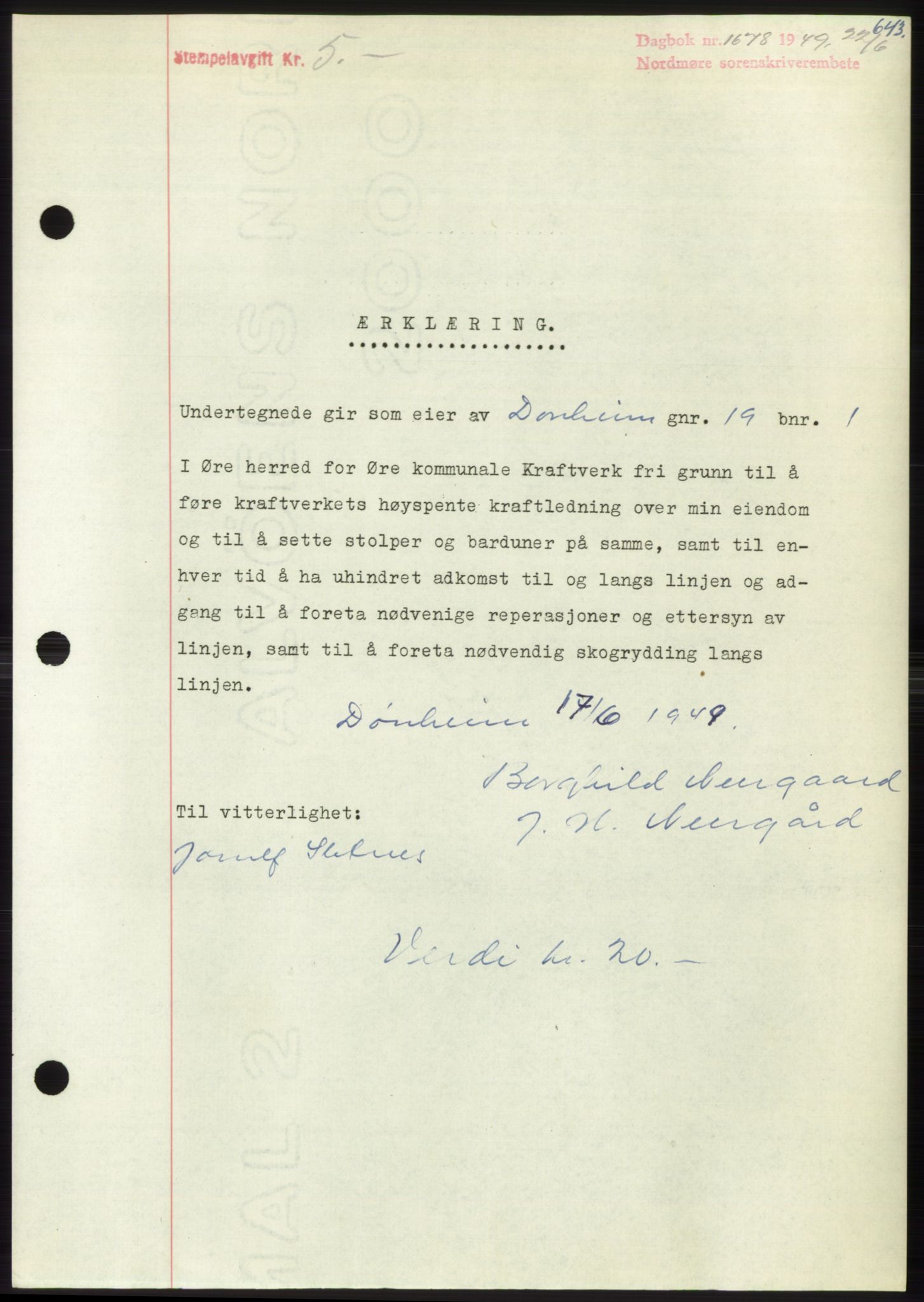 Nordmøre sorenskriveri, SAT/A-4132/1/2/2Ca: Pantebok nr. B101, 1949-1949, Dagboknr: 1678/1949