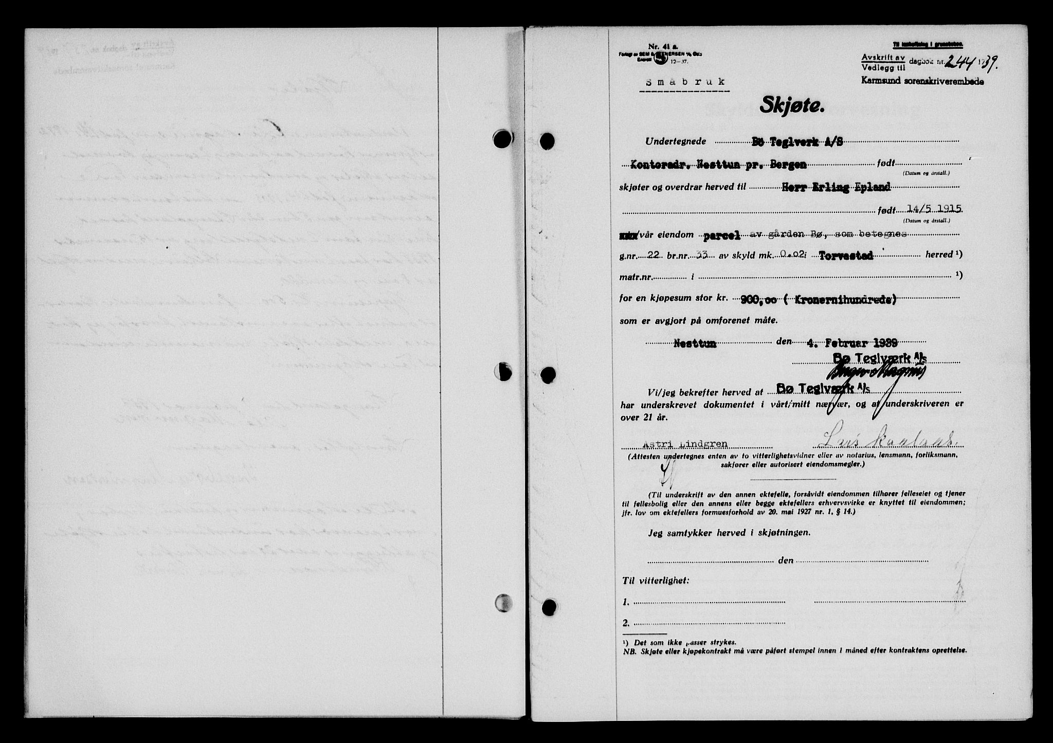 Karmsund sorenskriveri, SAST/A-100311/01/II/IIB/L0070: Pantebok nr. 51A, 1938-1939, Dagboknr: 244/1939