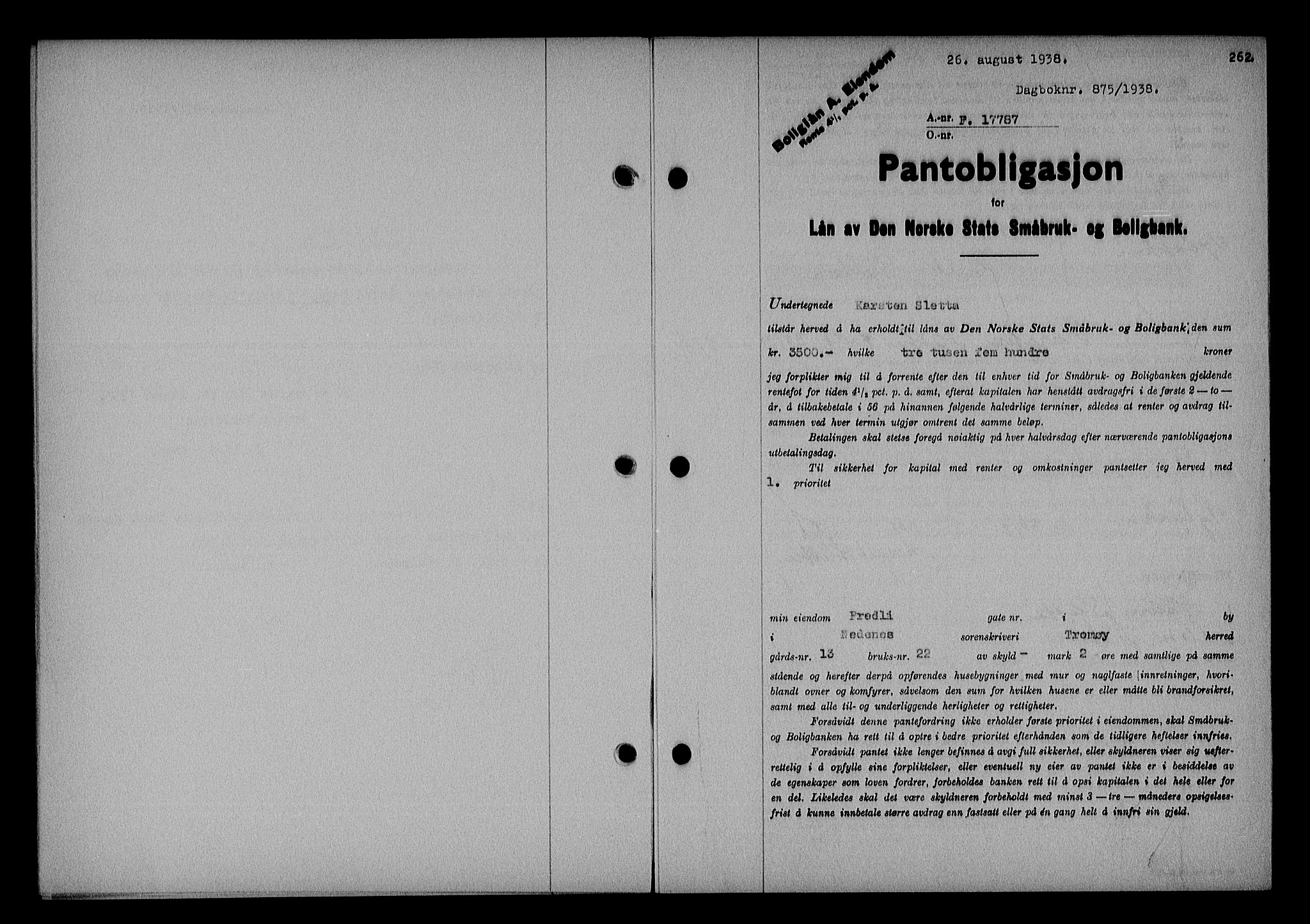 Nedenes sorenskriveri, SAK/1221-0006/G/Gb/Gba/L0045: Pantebok nr. 41, 1938-1938, Dagboknr: 875/1938