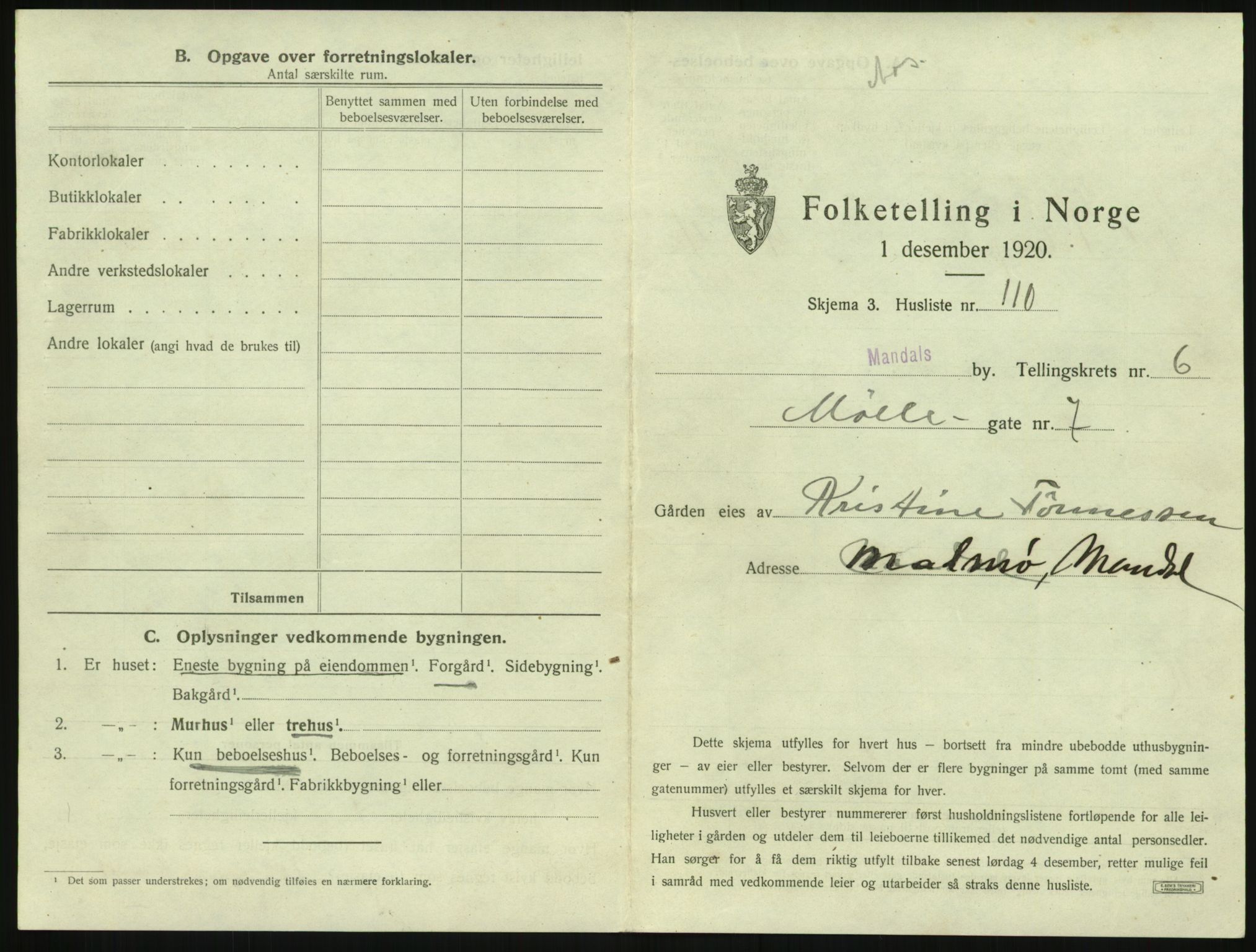 SAK, Folketelling 1920 for 1002 Mandal ladested, 1920, s. 1405
