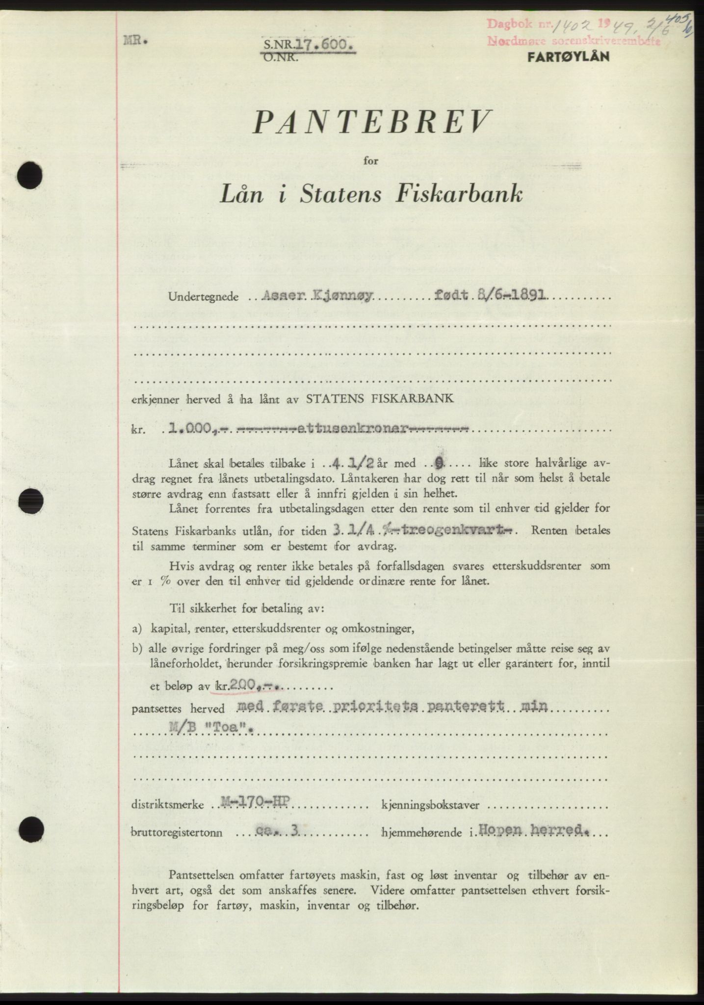 Nordmøre sorenskriveri, SAT/A-4132/1/2/2Ca: Pantebok nr. B101, 1949-1949, Dagboknr: 1402/1949