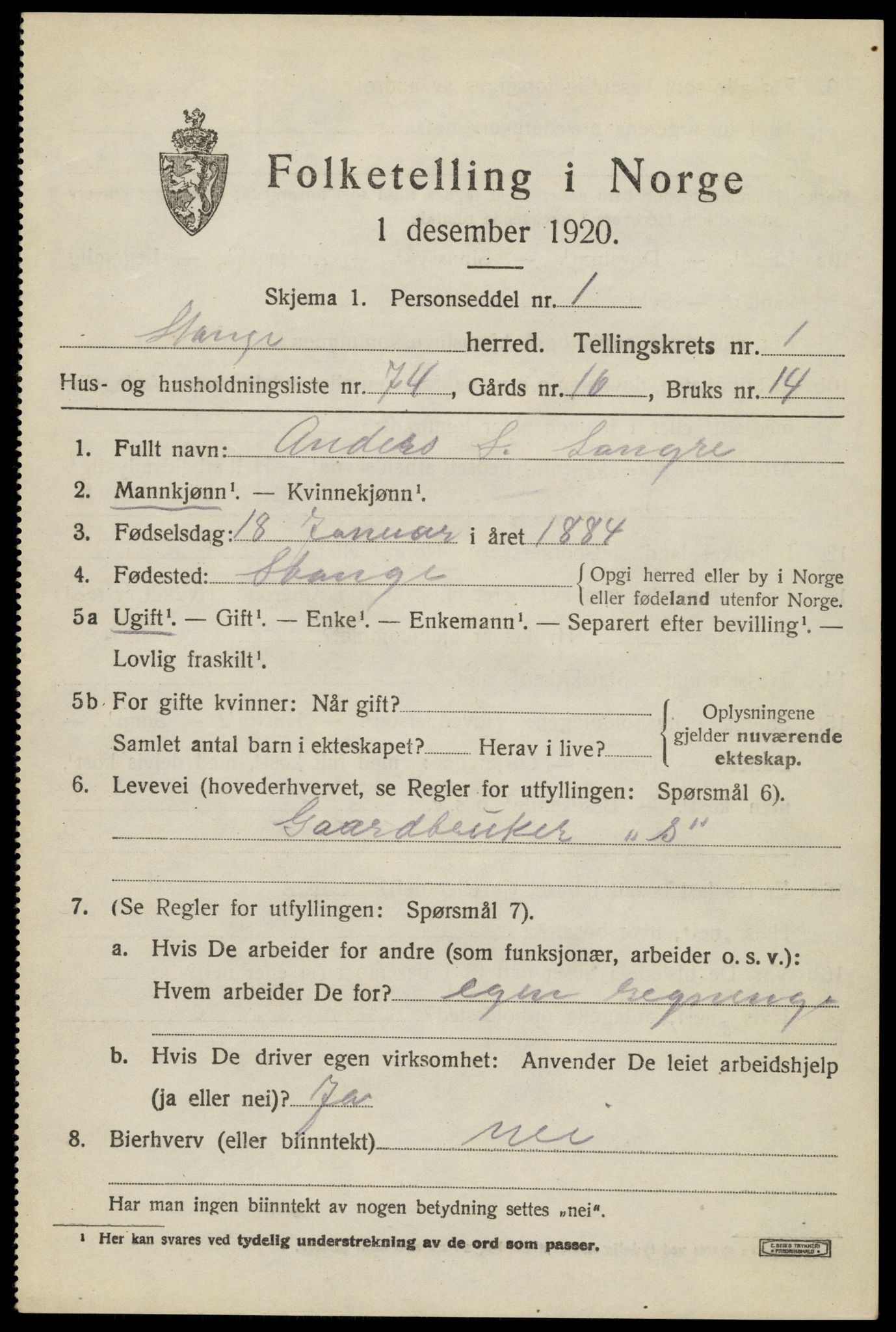 SAH, Folketelling 1920 for 0417 Stange herred, 1920, s. 3809