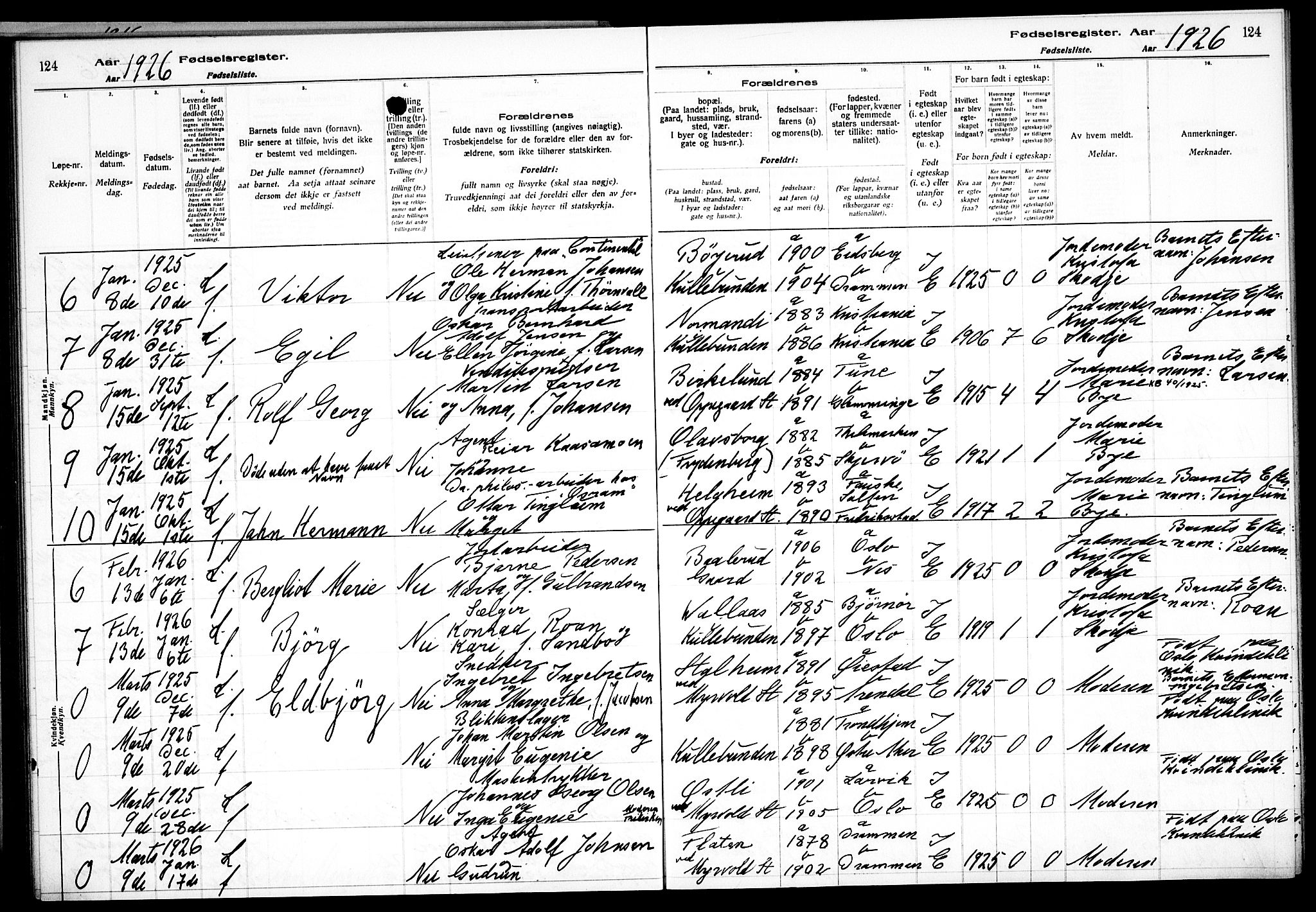 Nesodden prestekontor Kirkebøker, AV/SAO-A-10013/J/Jb/L0001: Fødselsregister nr. II 1, 1916-1933, s. 124