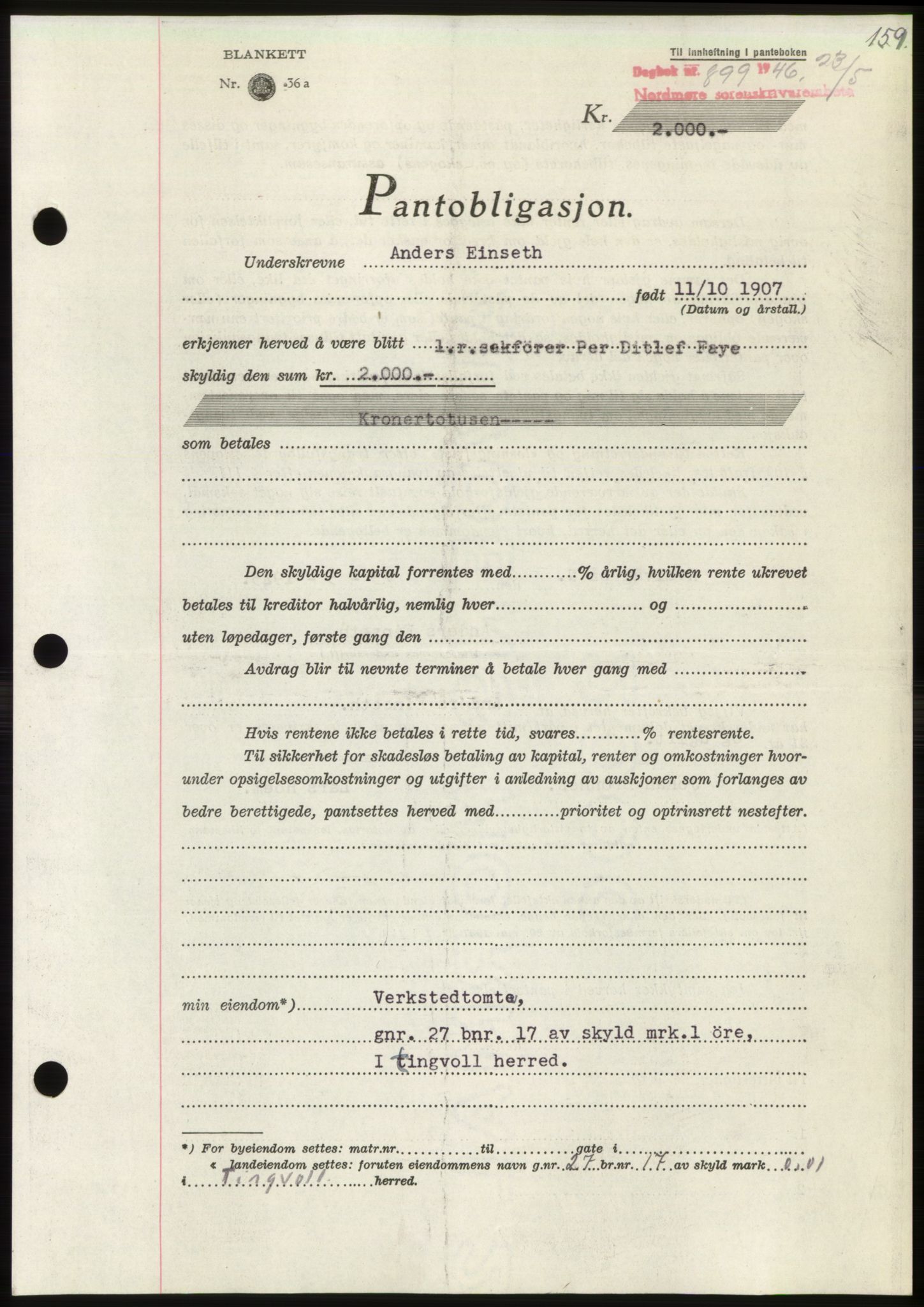 Nordmøre sorenskriveri, AV/SAT-A-4132/1/2/2Ca: Pantebok nr. B94, 1946-1946, Dagboknr: 899/1946