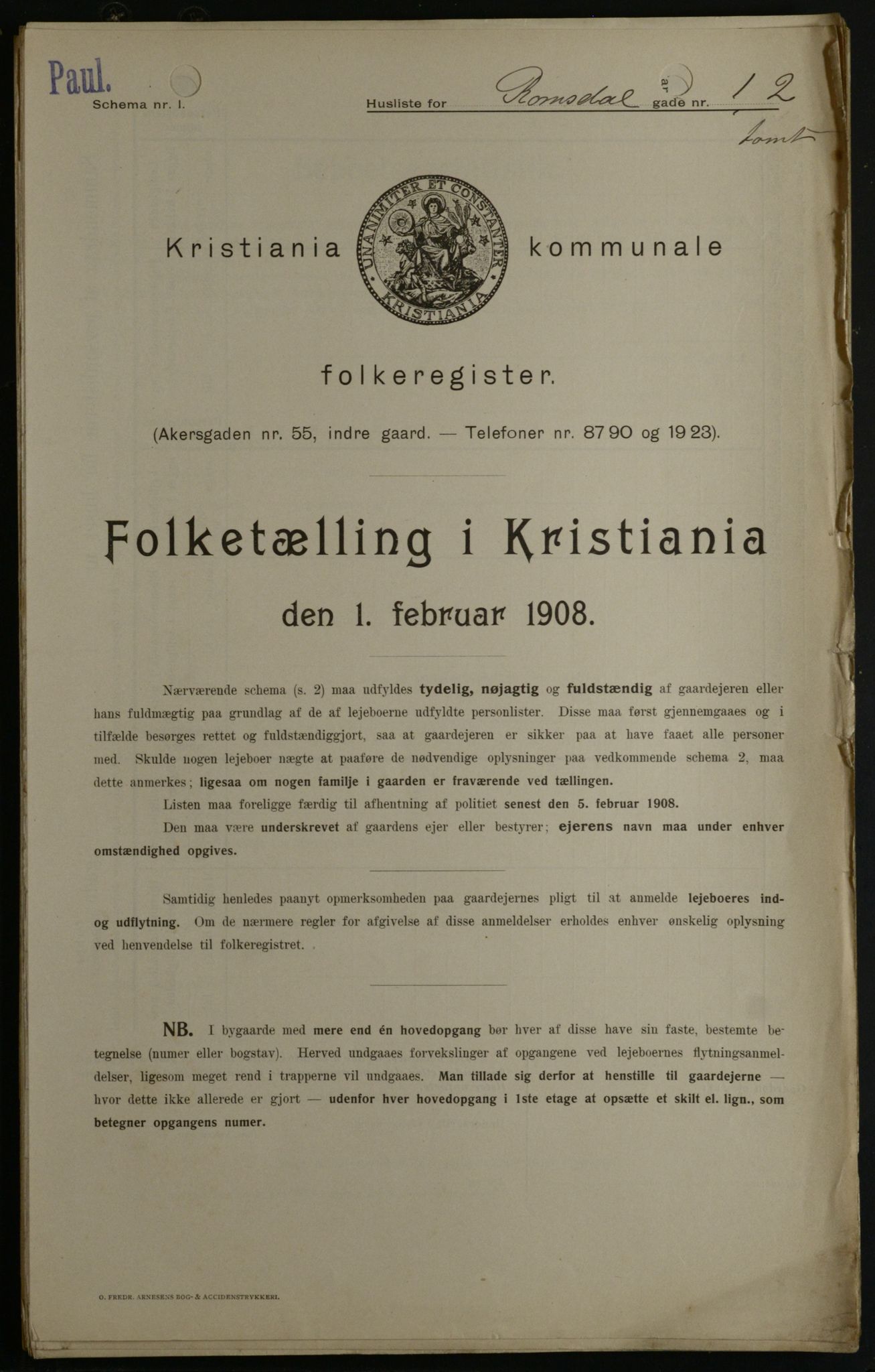 OBA, Kommunal folketelling 1.2.1908 for Kristiania kjøpstad, 1908, s. 74752