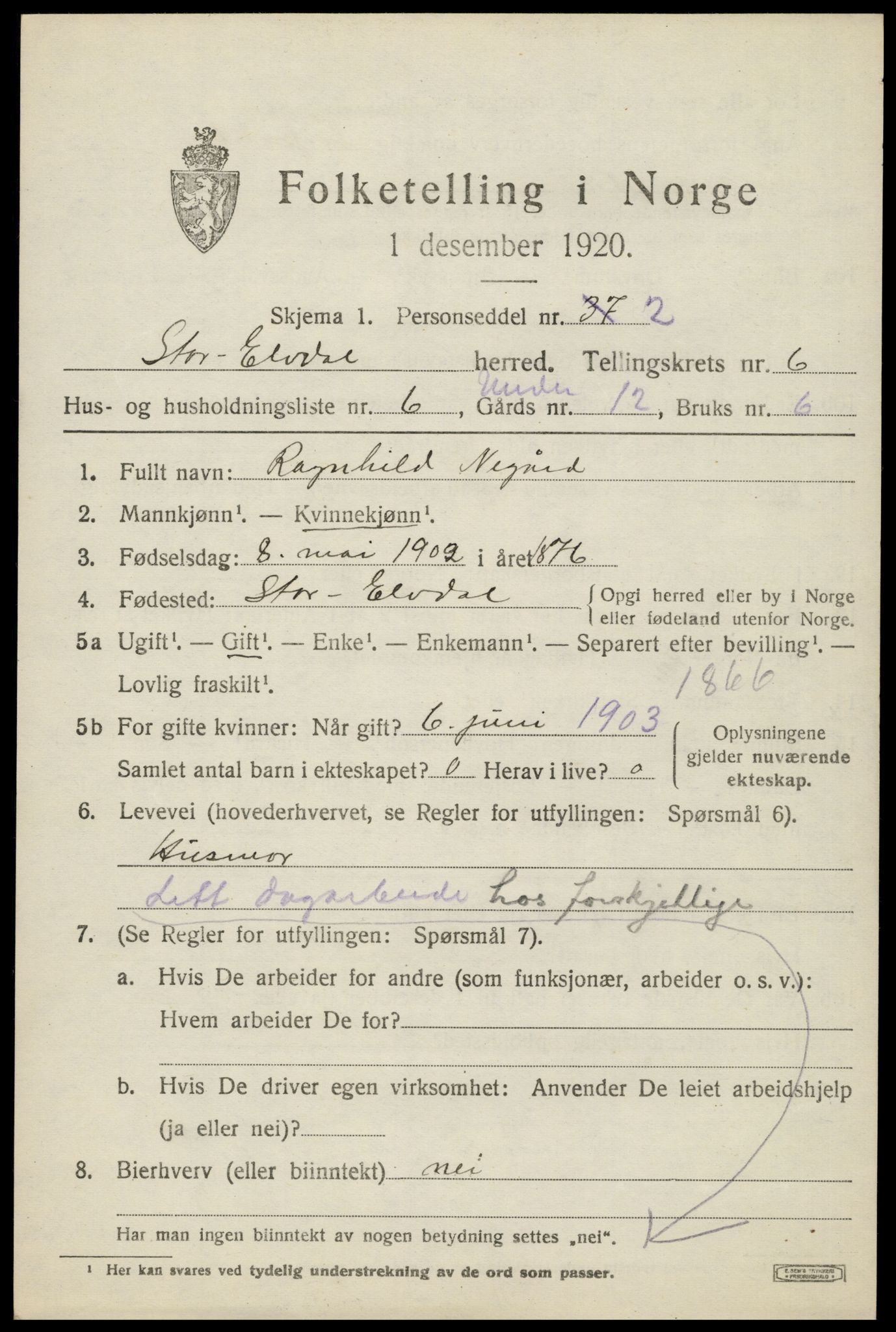 SAH, Folketelling 1920 for 0430 Stor-Elvdal herred, 1920, s. 4982