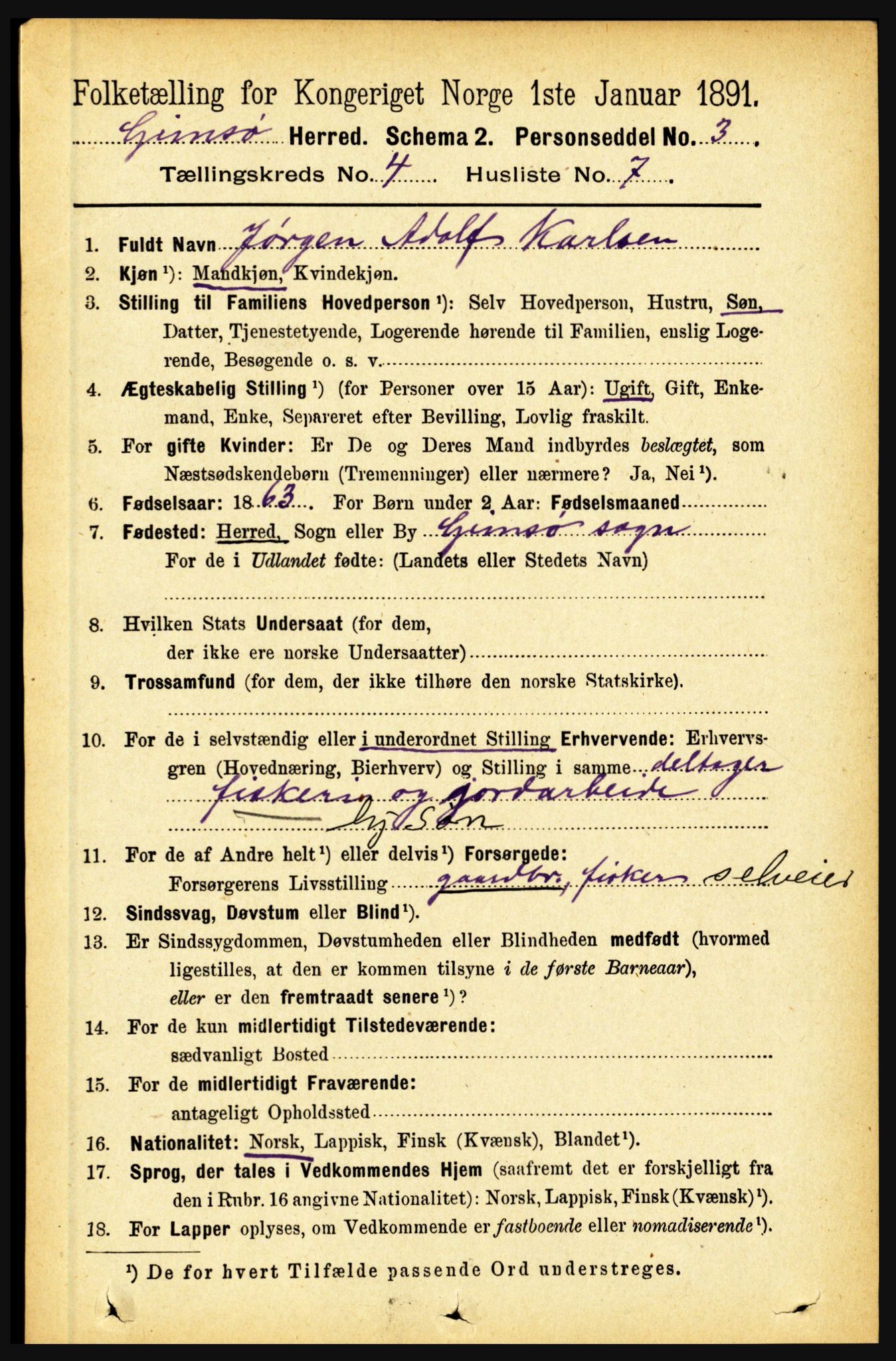 RA, Folketelling 1891 for 1864 Gimsøy herred, 1891, s. 674