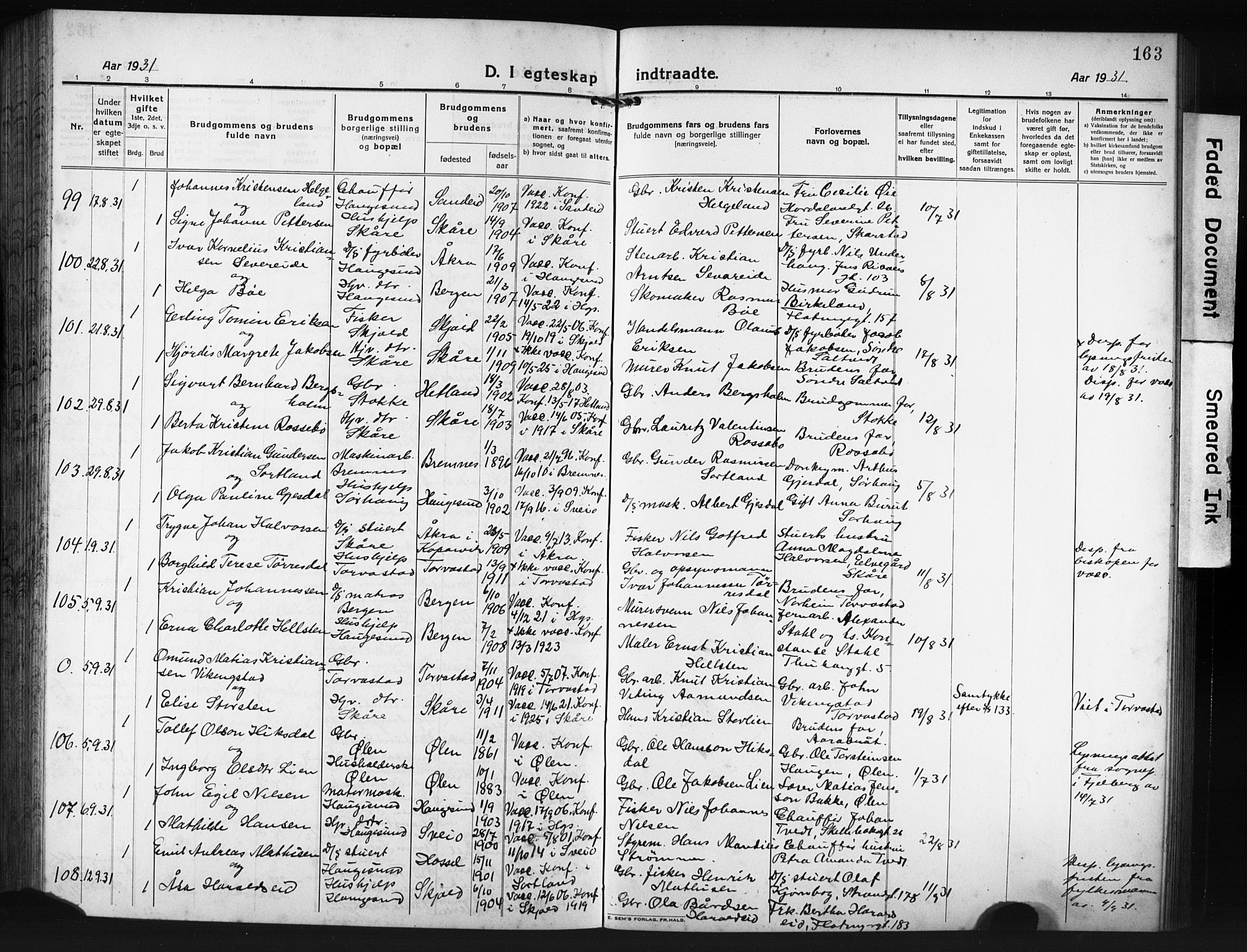 Haugesund sokneprestkontor, AV/SAST-A -101863/H/Ha/Hab/L0010: Klokkerbok nr. B 10, 1920-1931, s. 163