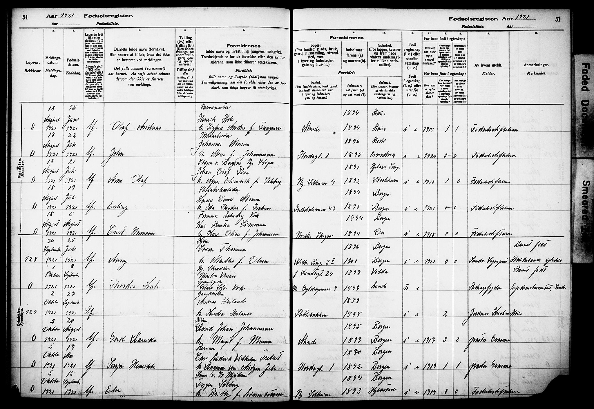 Årstad Sokneprestembete, AV/SAB-A-79301/I/Id/L0A02: Fødselsregister nr. A 2, 1920-1924, s. 51