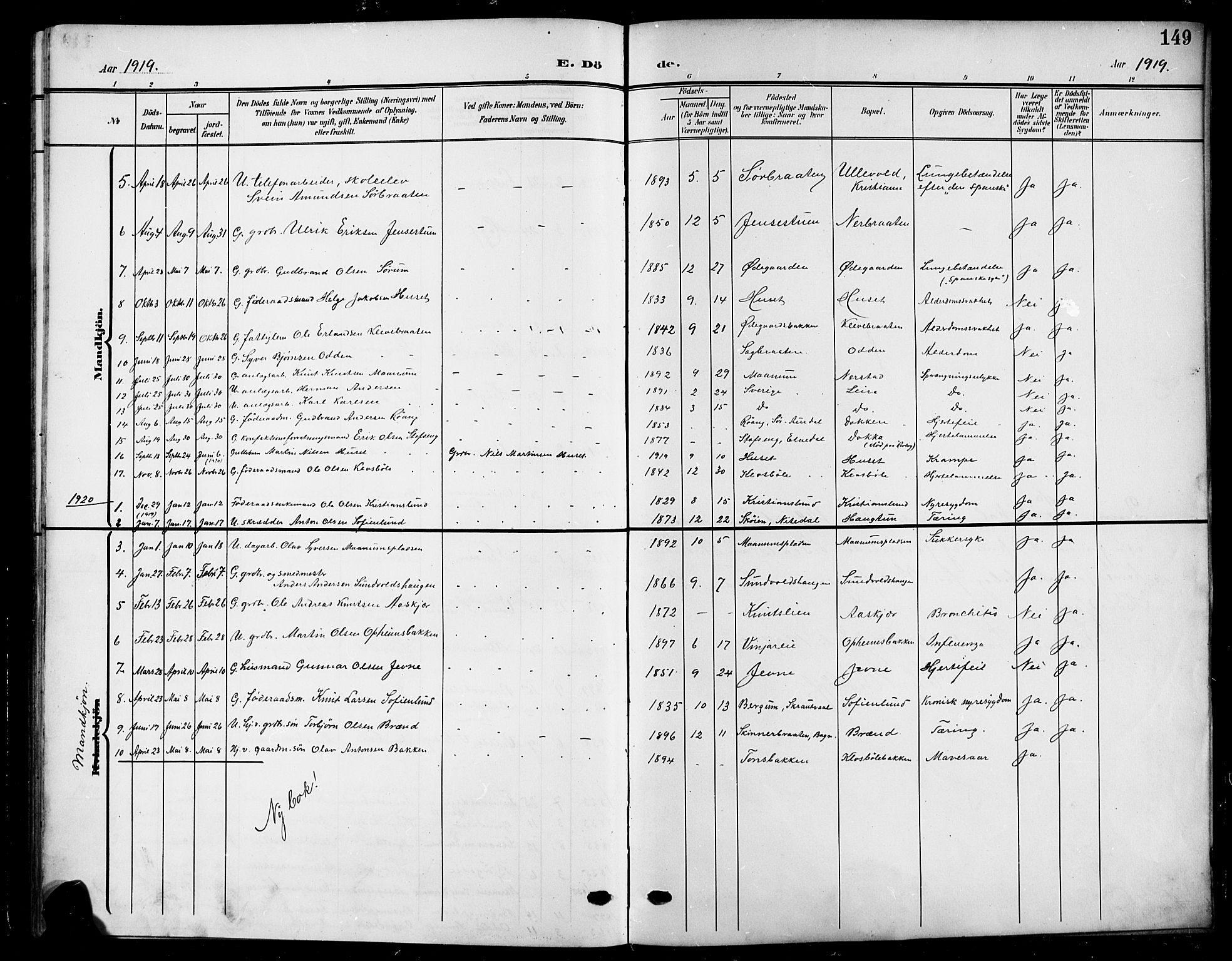 Nord-Aurdal prestekontor, AV/SAH-PREST-132/H/Ha/Hab/L0012: Klokkerbok nr. 12, 1907-1920, s. 149