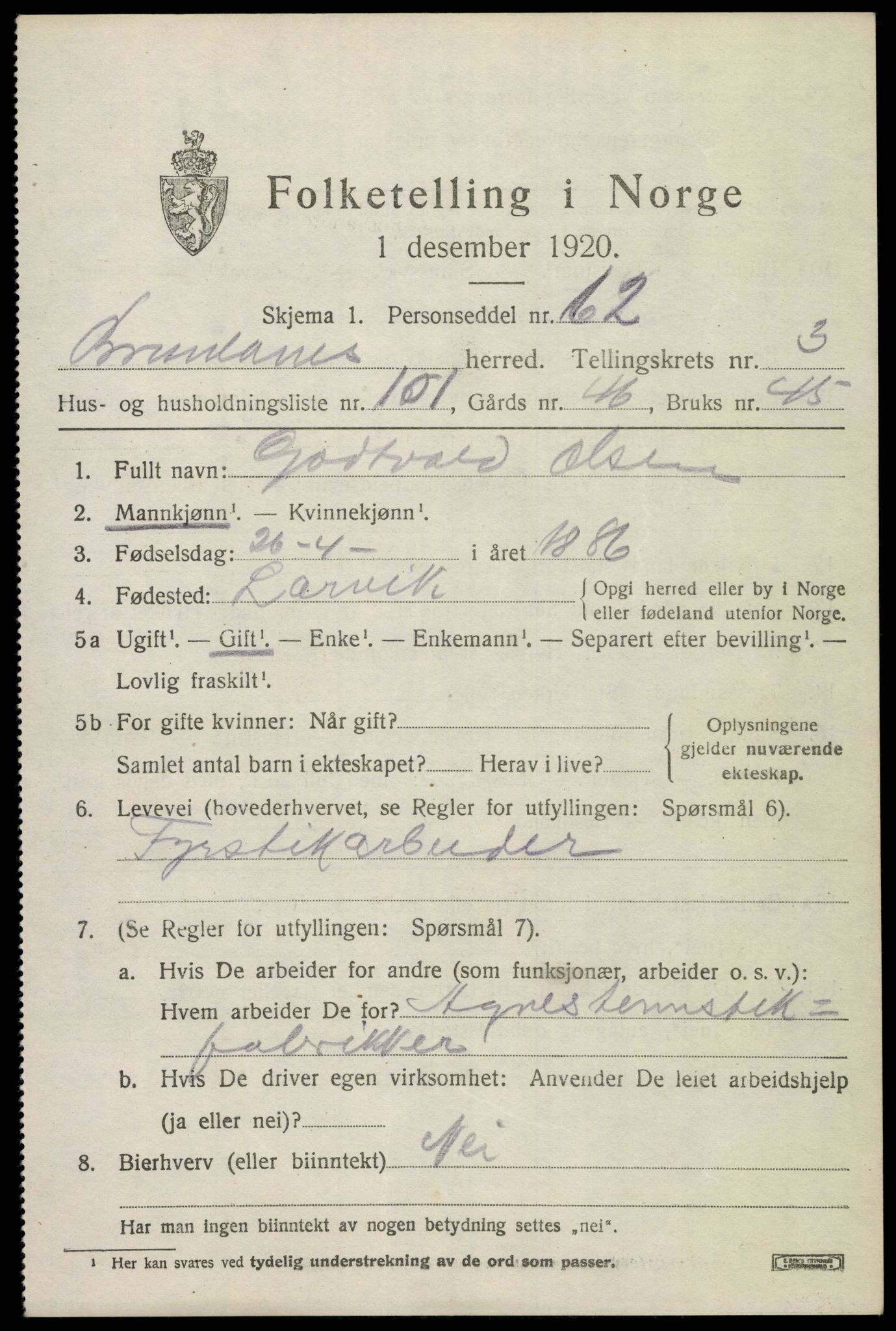 SAKO, Folketelling 1920 for 0726 Brunlanes herred, 1920, s. 6091