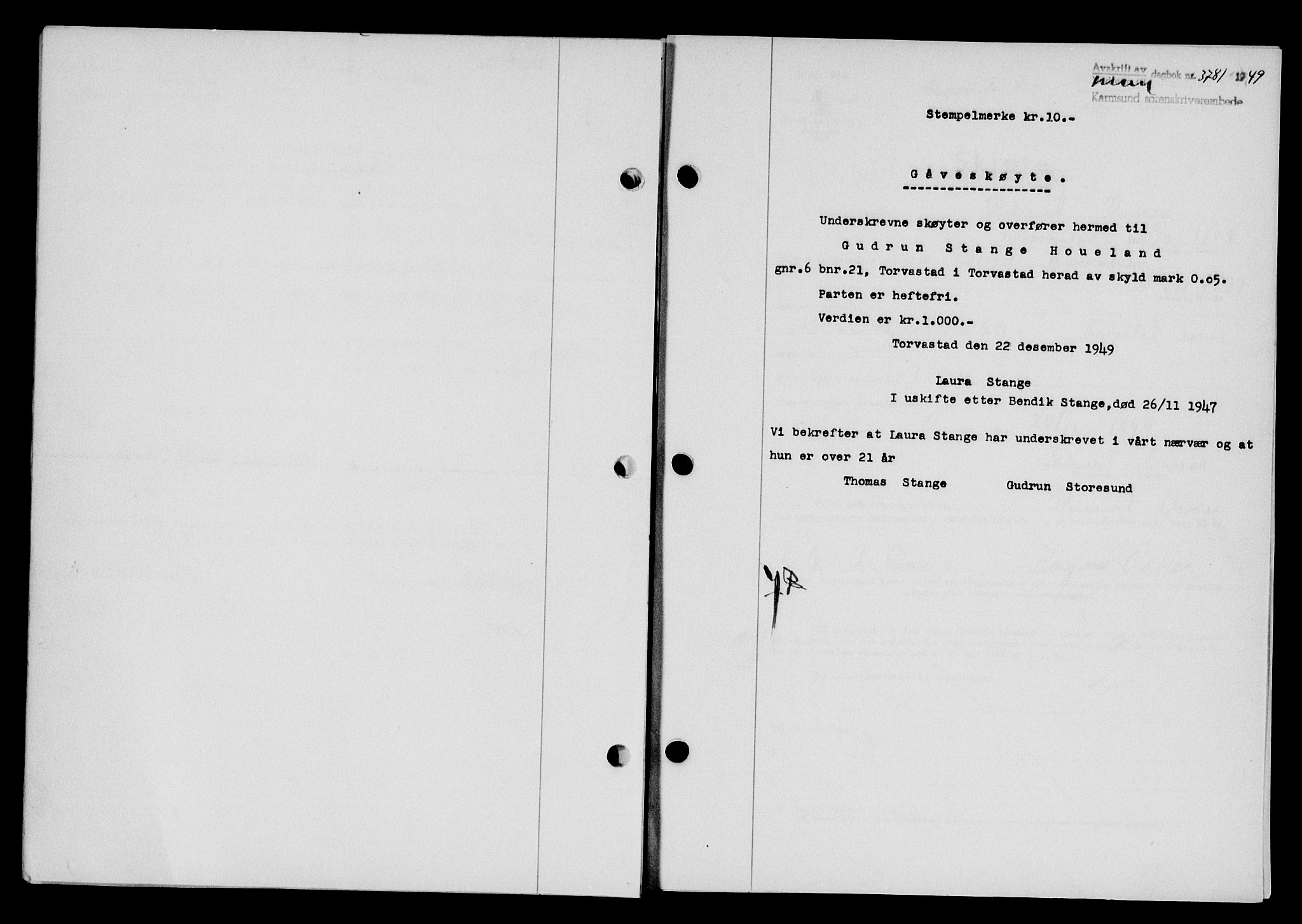 Karmsund sorenskriveri, SAST/A-100311/01/II/IIB/L0098: Pantebok nr. 78A, 1949-1950, Dagboknr: 3781/1949