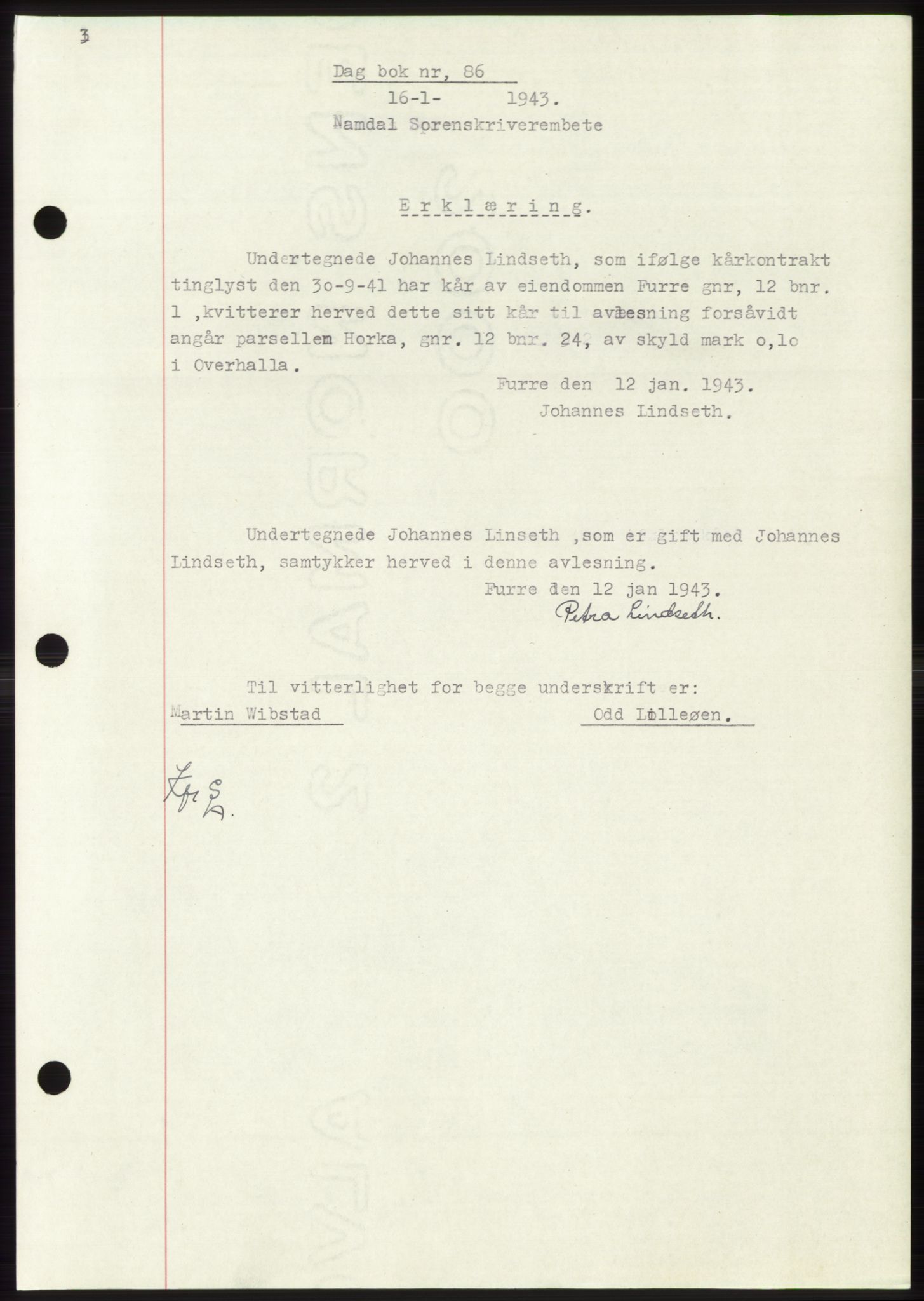 Namdal sorenskriveri, SAT/A-4133/1/2/2C: Pantebok nr. -, 1942-1943, Dagboknr: 86/1943