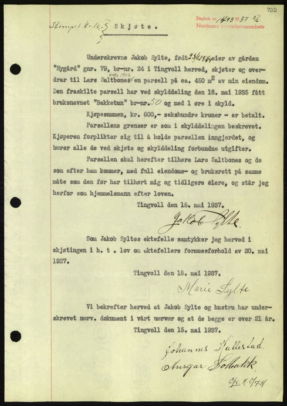 Nordmøre sorenskriveri, SAT/A-4132/1/2/2Ca: Pantebok nr. A81, 1937-1937, Dagboknr: 1493/1937