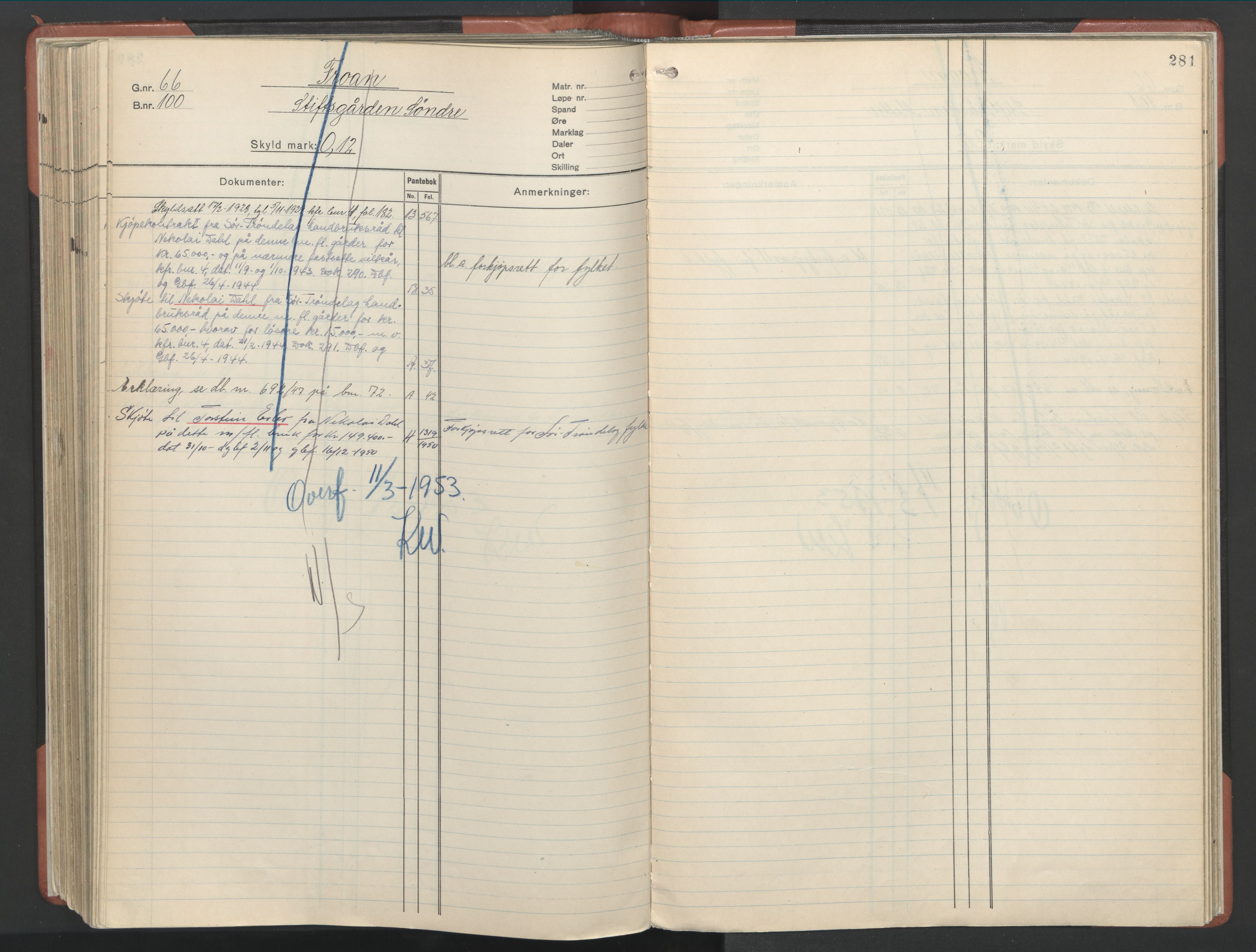 Hitra sorenskriveri, AV/SAT-A-0018/2/2A/L0007: Panteregister nr. 7, s. 281