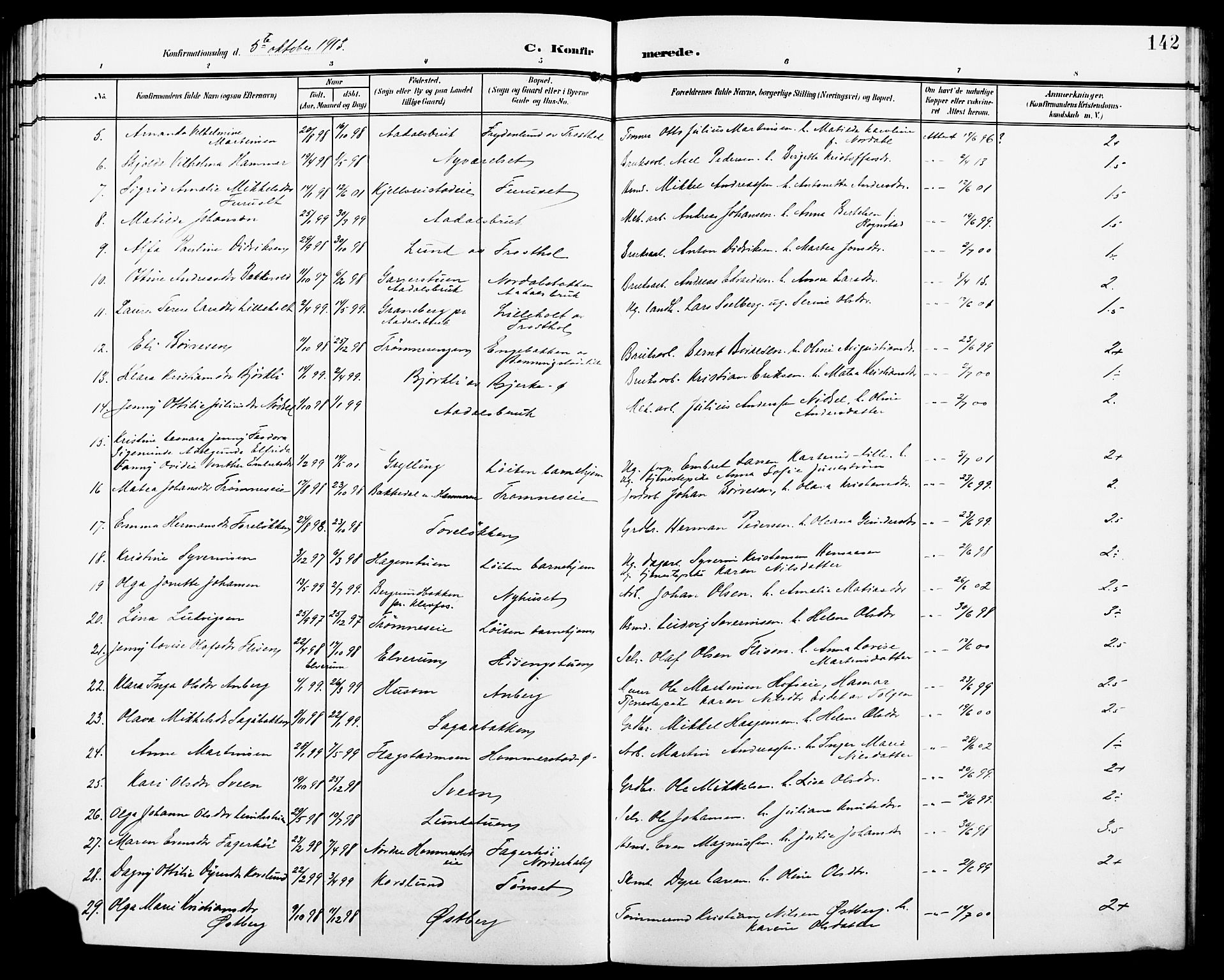 Løten prestekontor, AV/SAH-PREST-022/L/La/L0007: Klokkerbok nr. 7, 1910-1919, s. 142