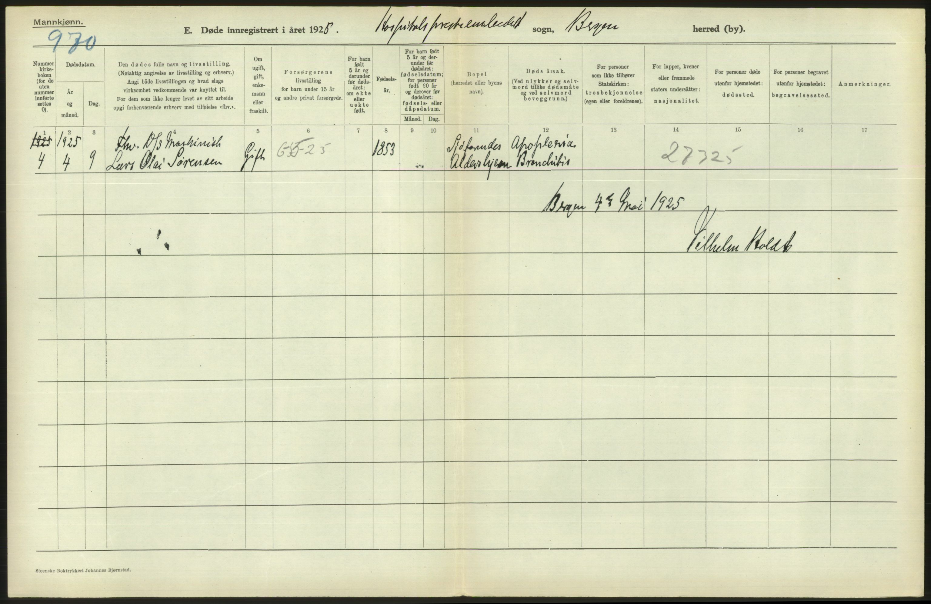 Statistisk sentralbyrå, Sosiodemografiske emner, Befolkning, AV/RA-S-2228/D/Df/Dfc/Dfce/L0029: Bergen: Gifte, døde., 1925, s. 520