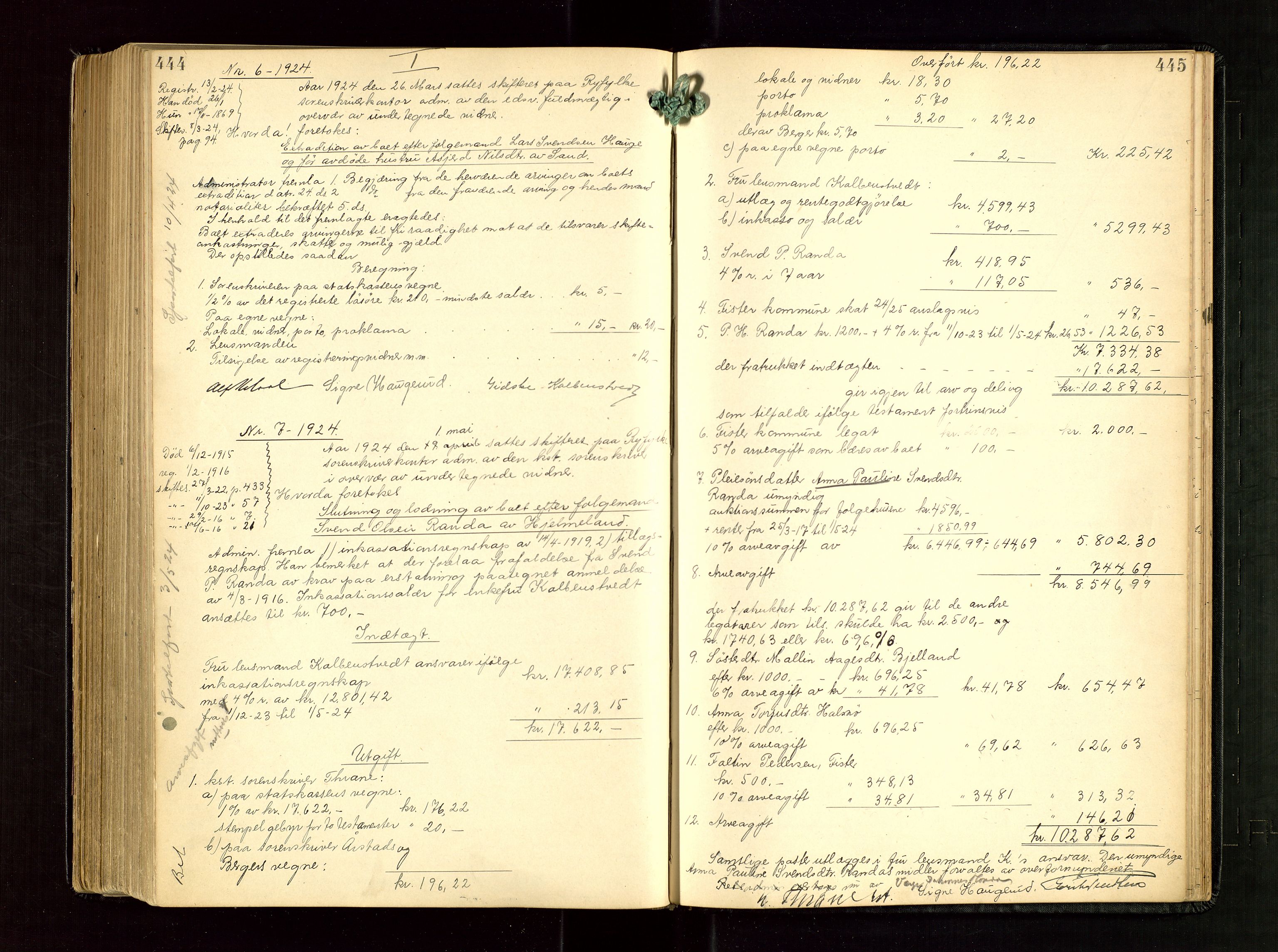 Ryfylke tingrett, AV/SAST-A-100055/001/IV/IVG/L0005: Skifteudlodningsprotokoll Med register, 1918-1924, s. 444-445