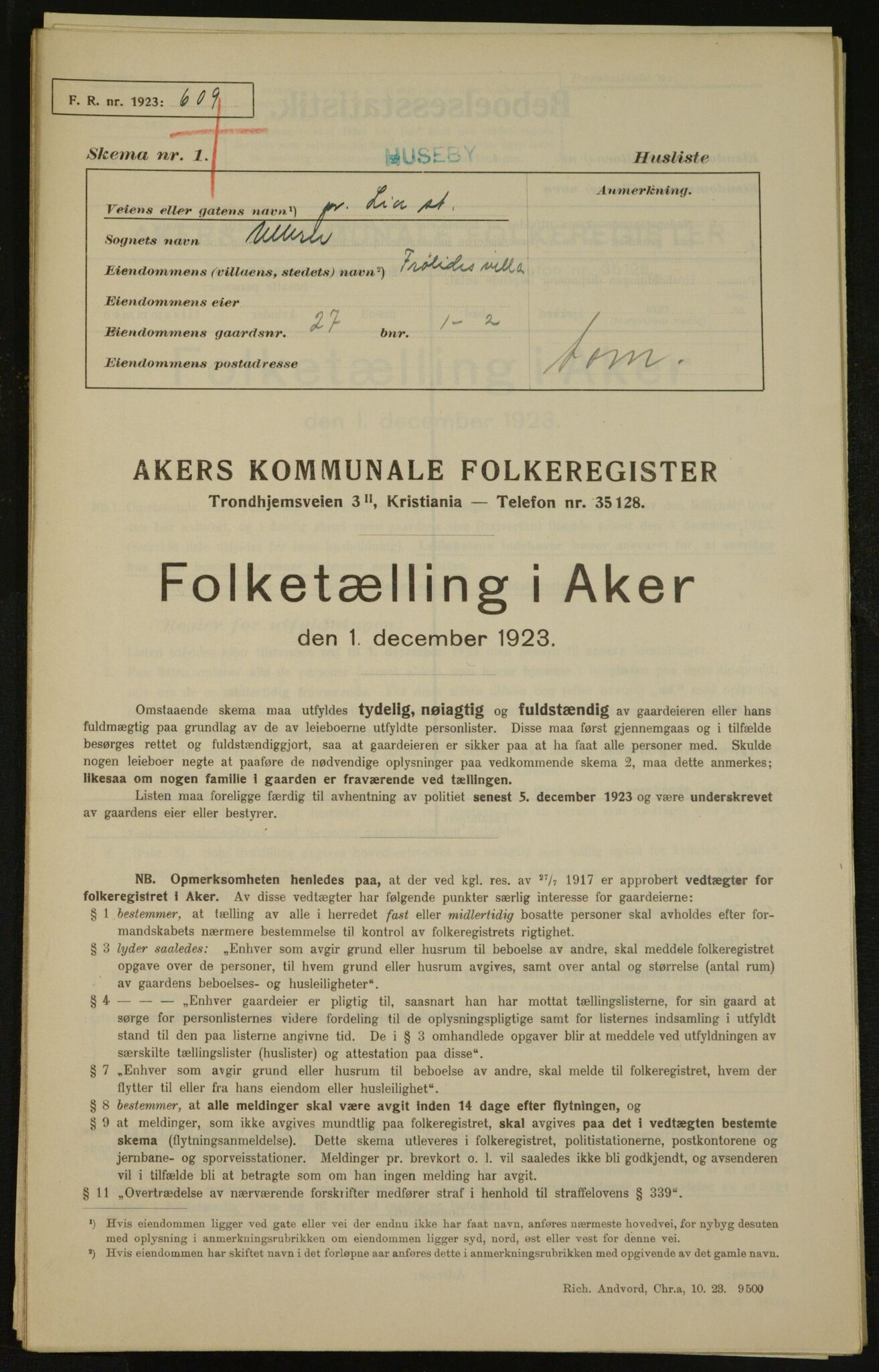 , Kommunal folketelling 1.12.1923 for Aker, 1923, s. 3555