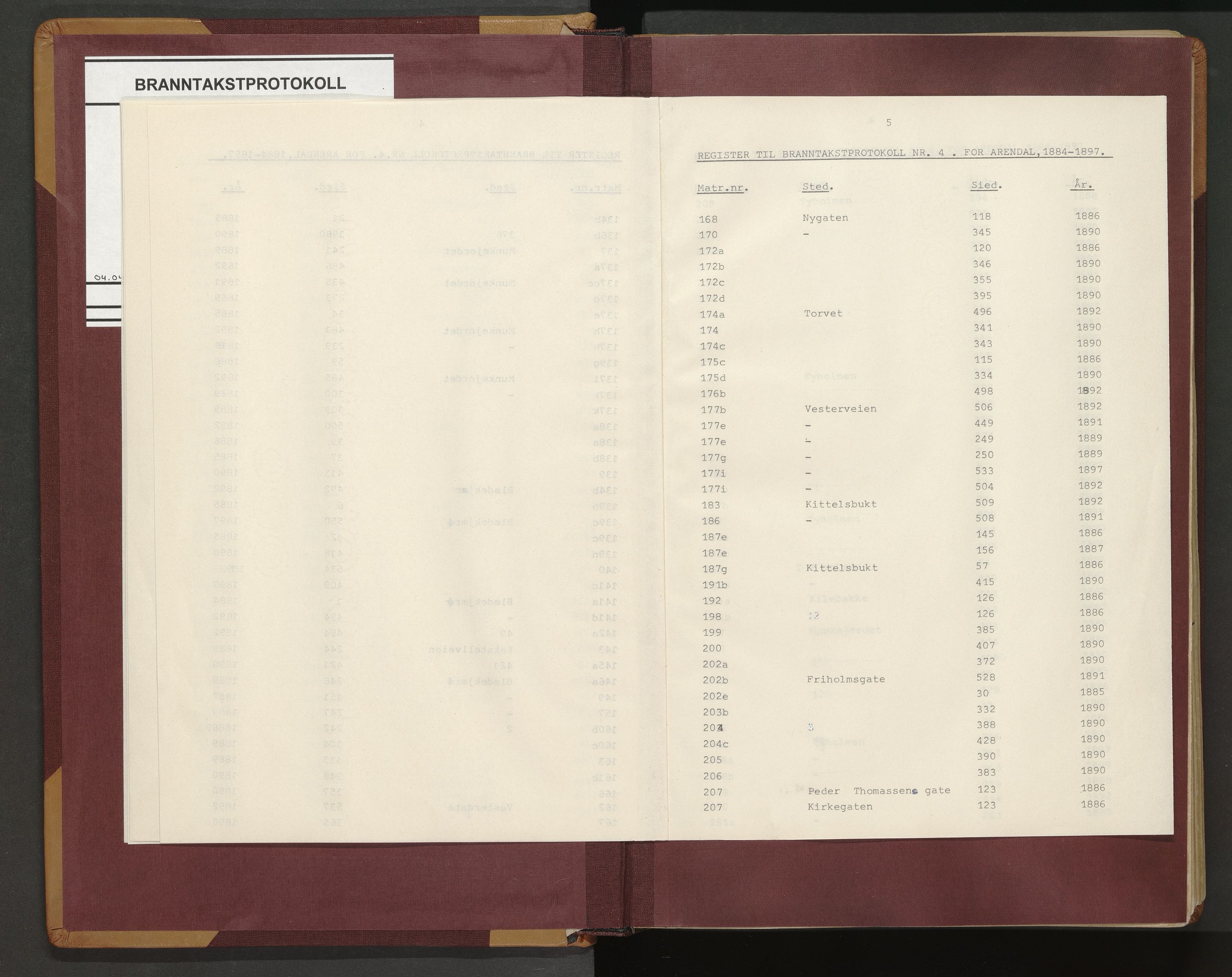 Norges Brannkasse Arendal, AV/SAK-2241-0002/F/Fa/L0021: Branntakstprotokoll nr. 19 med matrikkelnummerregister, 1884-1897