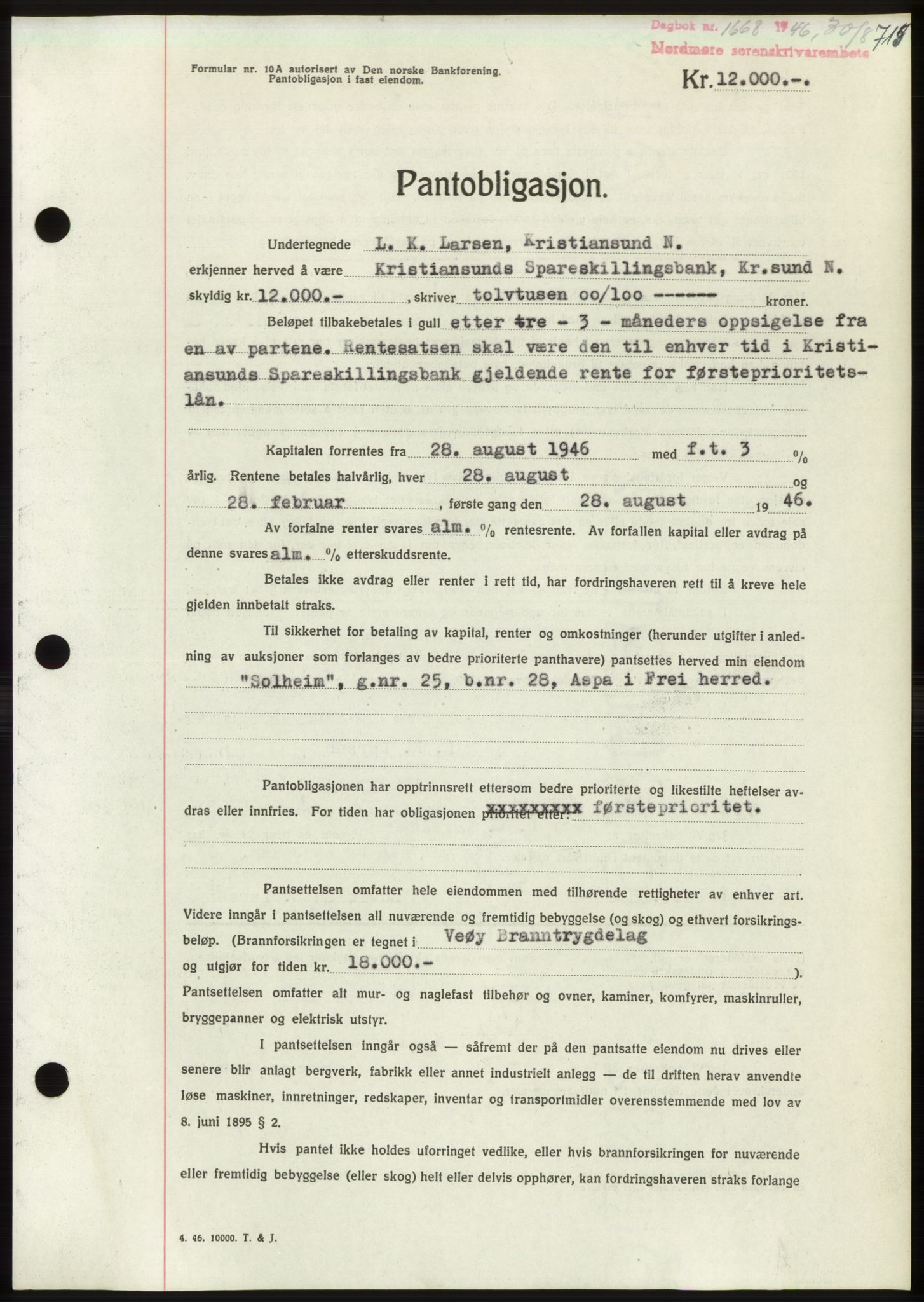 Nordmøre sorenskriveri, SAT/A-4132/1/2/2Ca: Pantebok nr. B94, 1946-1946, Dagboknr: 1668/1946
